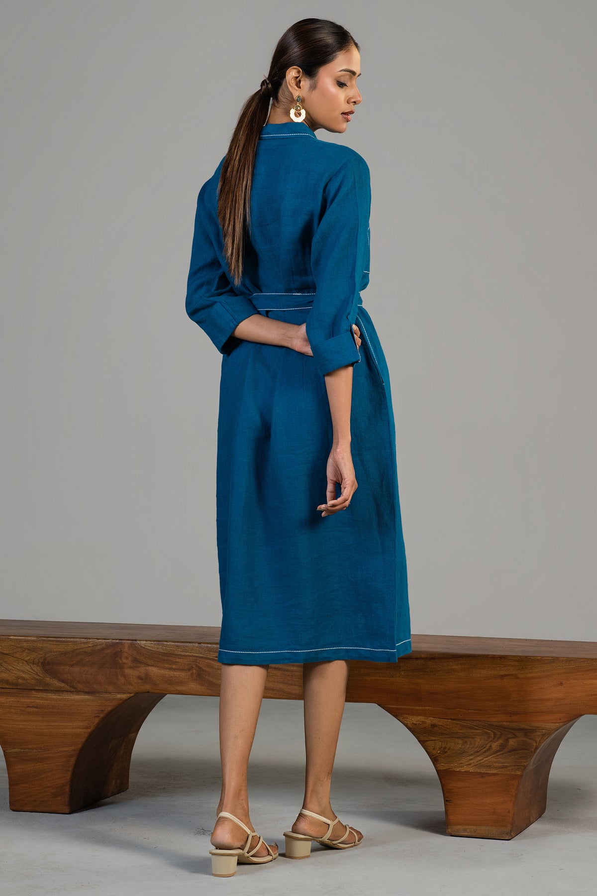Deep Ocean Blue Linen Shirt Style Dress - blue linen saree