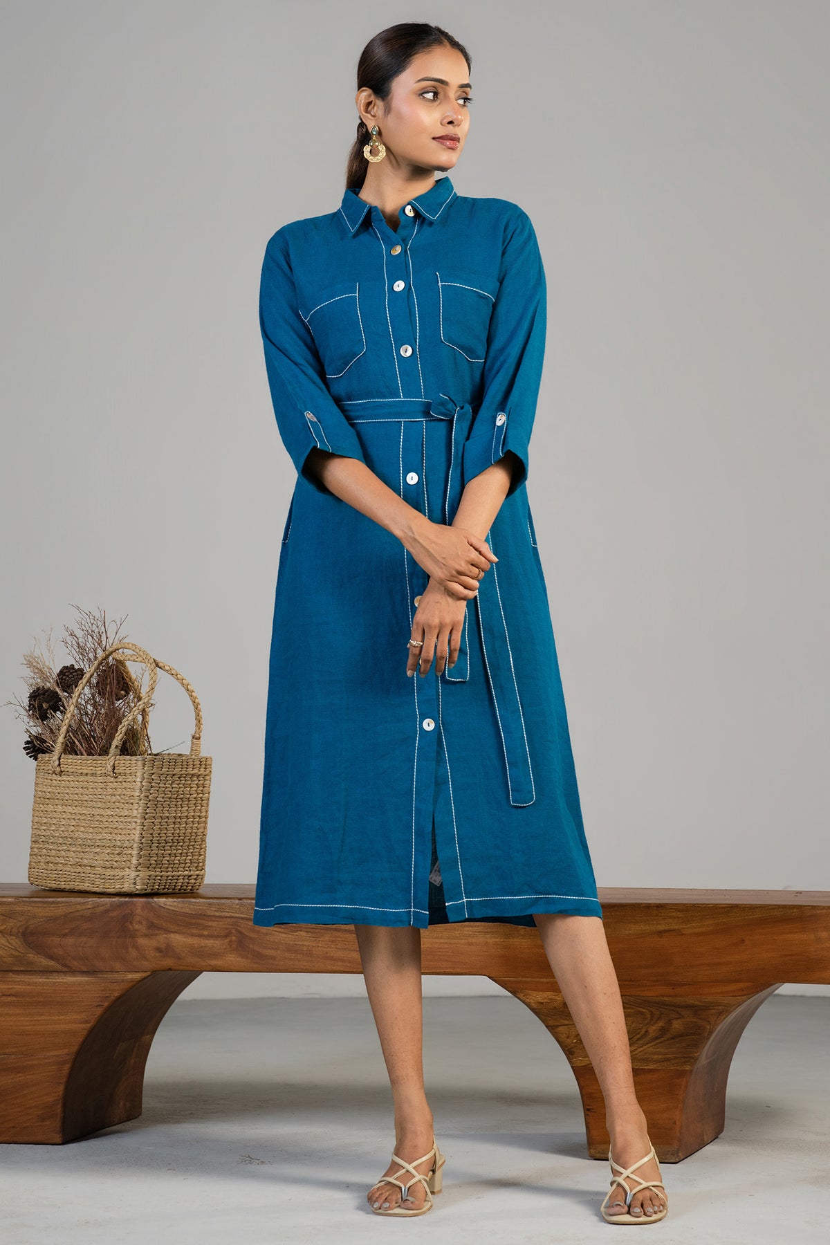 Full length relaxed silhouette of contemporary Deep Ocean Blue Linen Shirt Style Dress