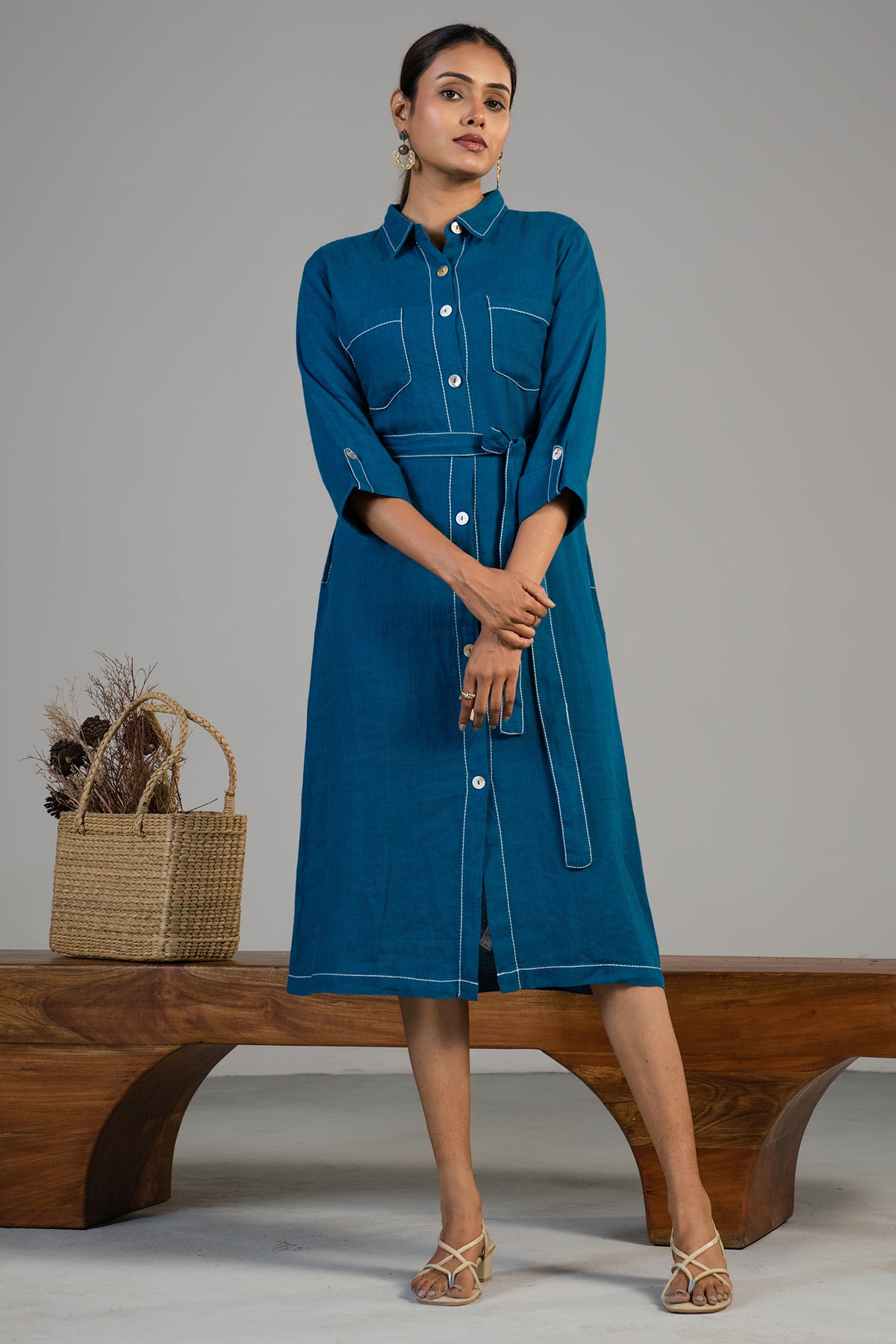 Button down details and tailoring of Deep Ocean Blue Linen Shirt Style Dress