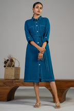 Button down details and tailoring of Deep Ocean Blue Linen Shirt Style Dress
