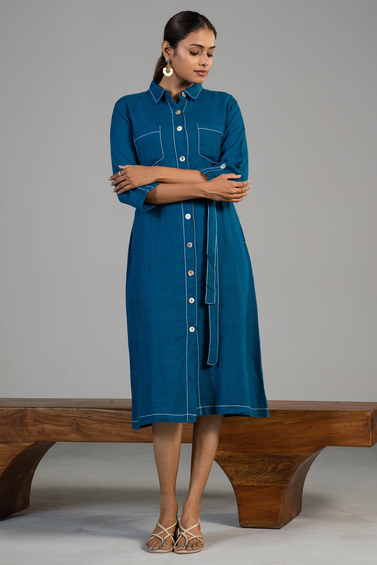 Chic Deep Ocean Blue Linen Shirt Style Dress for women smart-casual wear