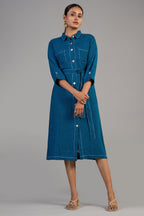 Deep Ocean Blue Linen Shirt Style Dress front view elegant resort wear fashion