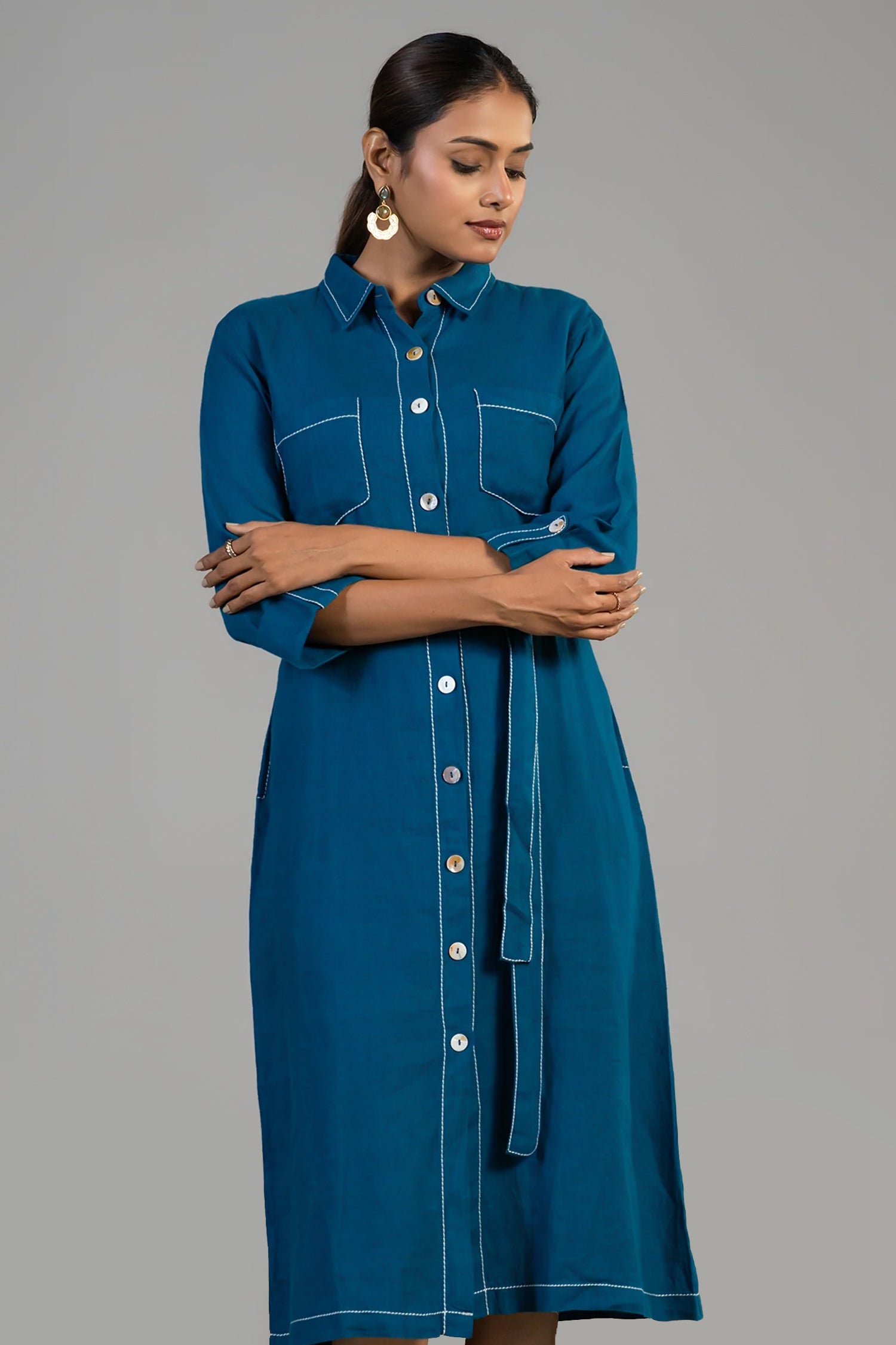 Close up of the premium breathable fabric on Deep Ocean Blue Linen Shirt Style Dress