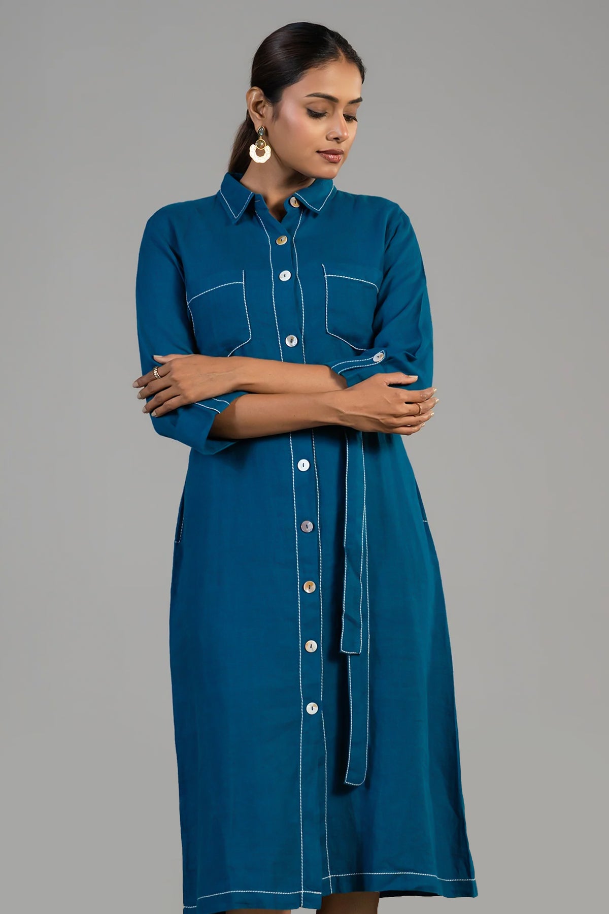 Close up of the premium breathable fabric on Deep Ocean Blue Linen Shirt Style Dress