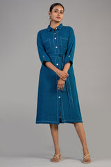 Deep Ocean Blue Linen Shirt Style Dress front view elegant resort wear fashion