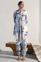 Off White Muslin Silk Printed Co-Ord Set - Front View