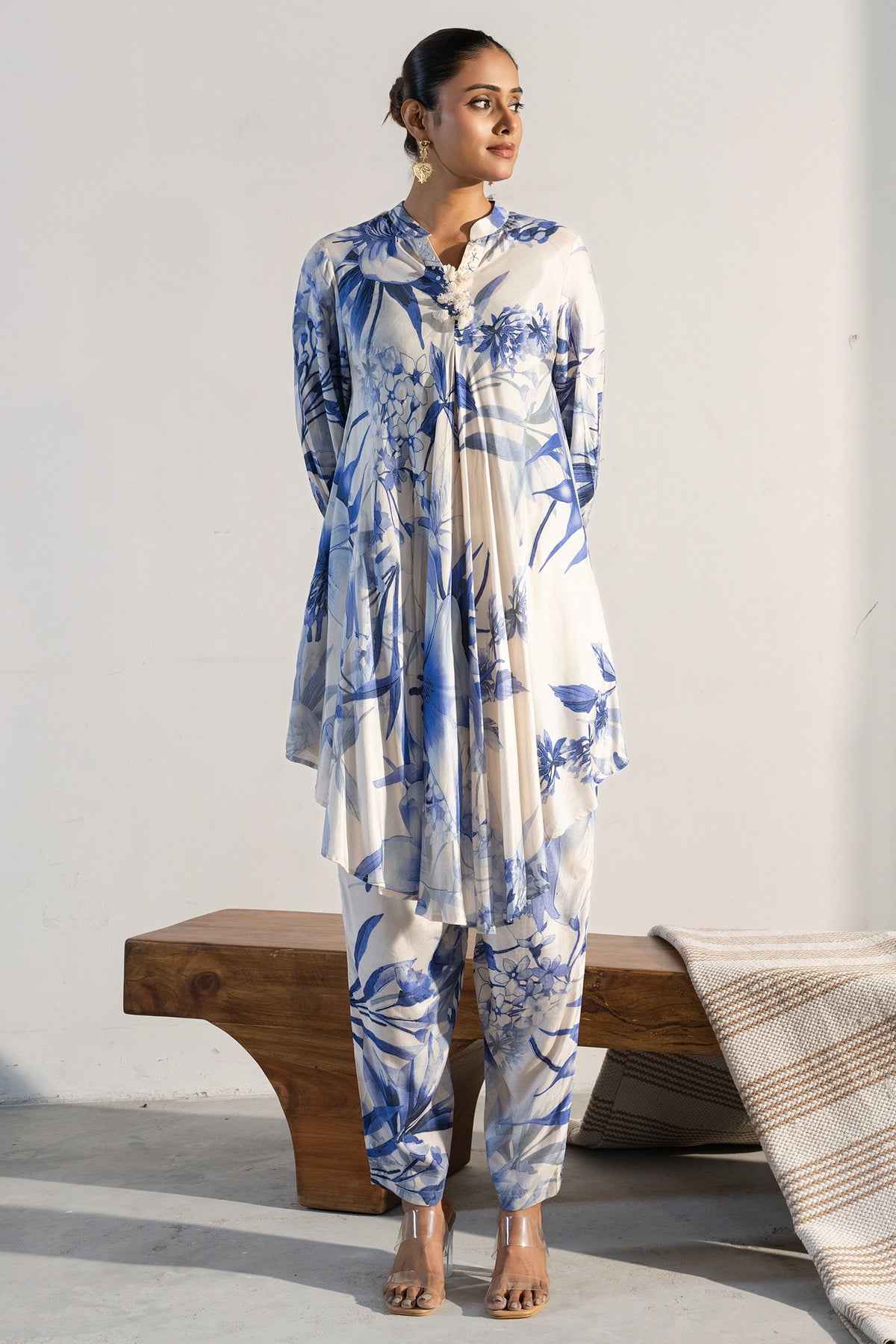 Off White Muslin Silk Printed Co-Ord Set - Front View