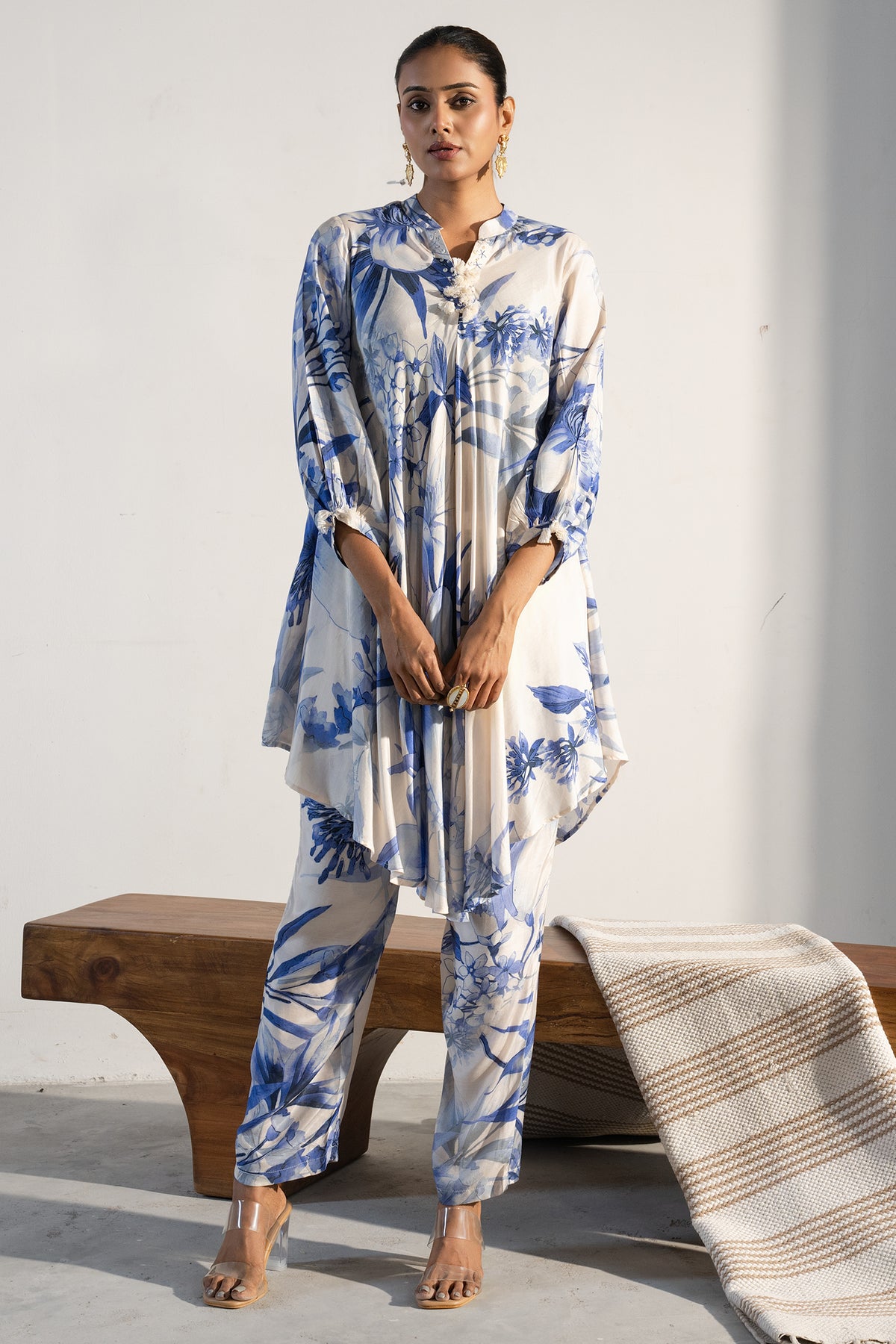 Close-up of the print details on the Off White Muslin Silk Printed Co-Ord Set