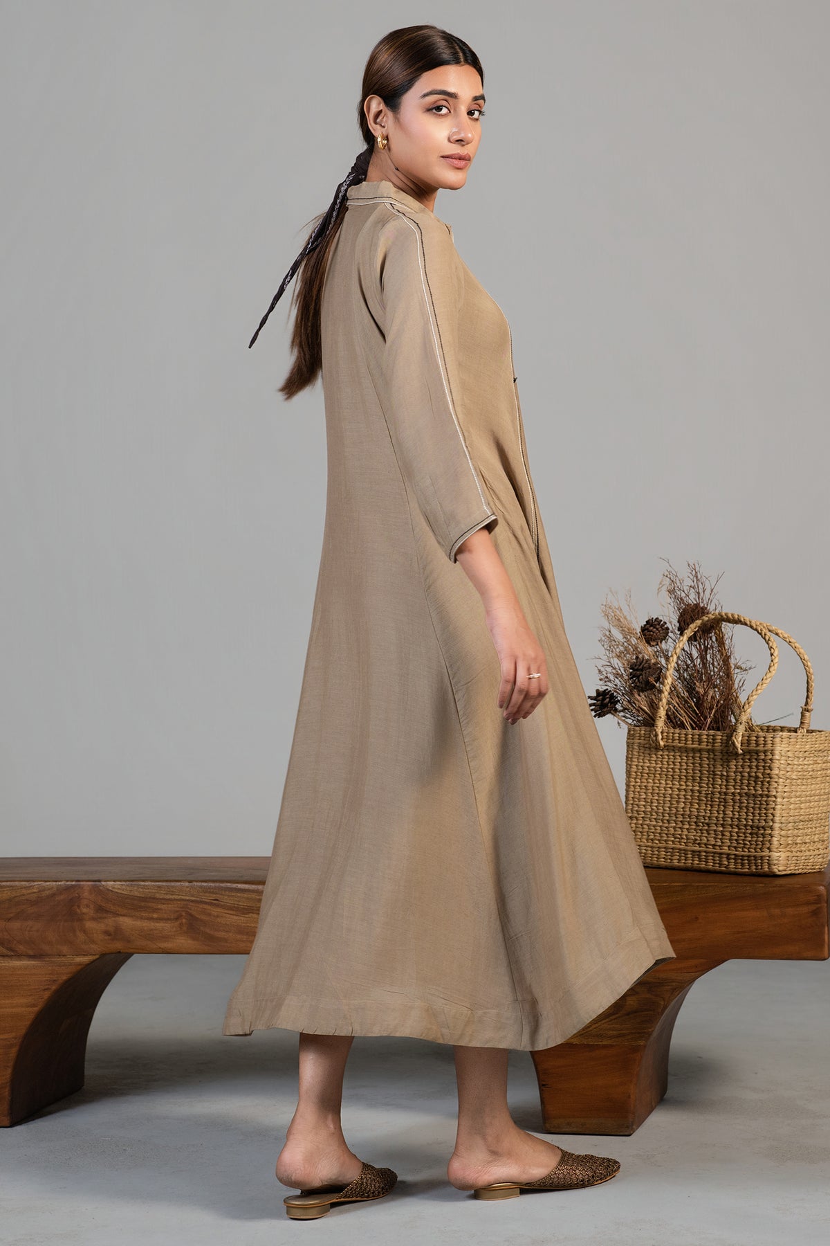 Chic Beige Cotton Silk Dress for women festive and casual wear
