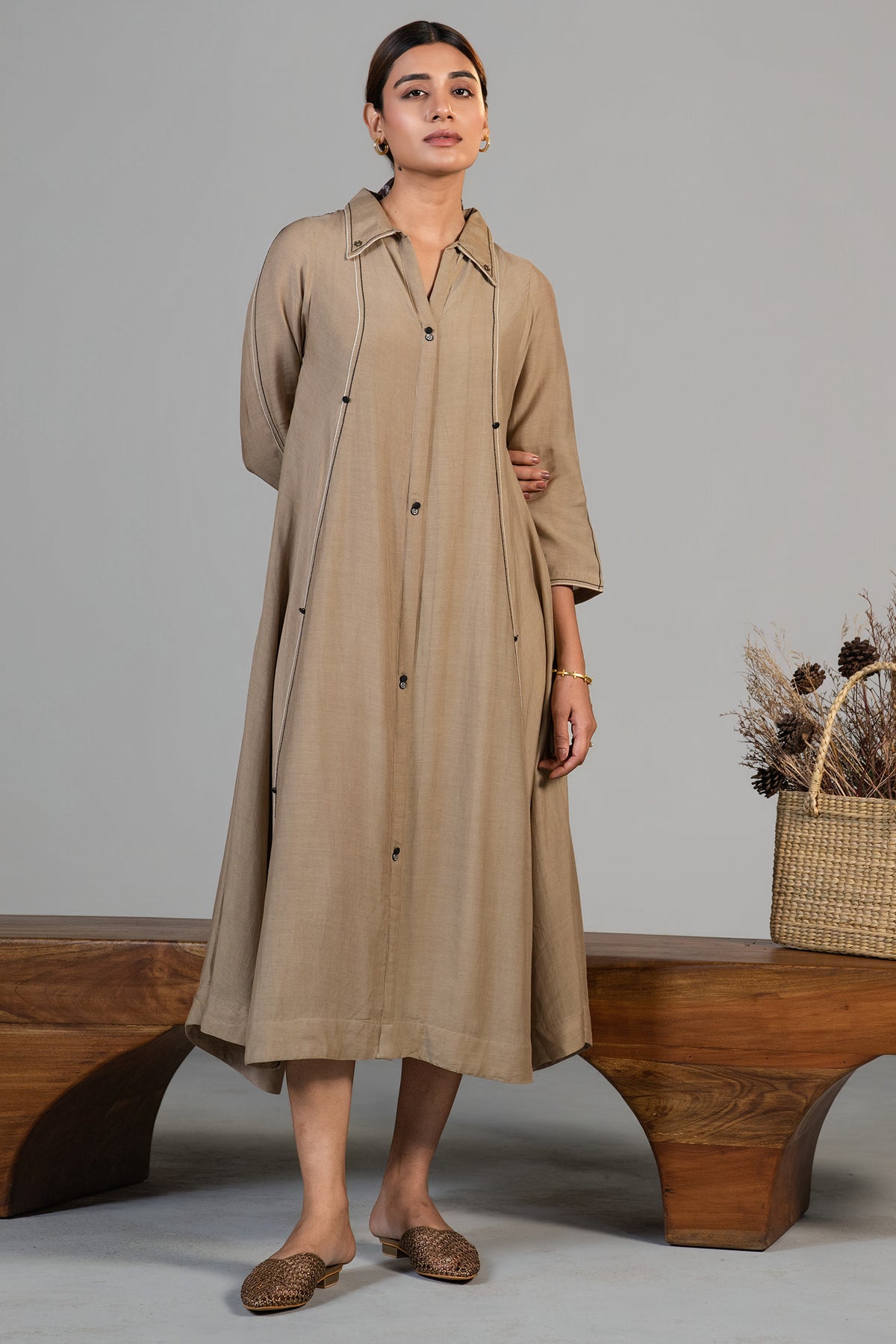 Full length elegant silhouette of contemporary Beige Cotton Silk Dress