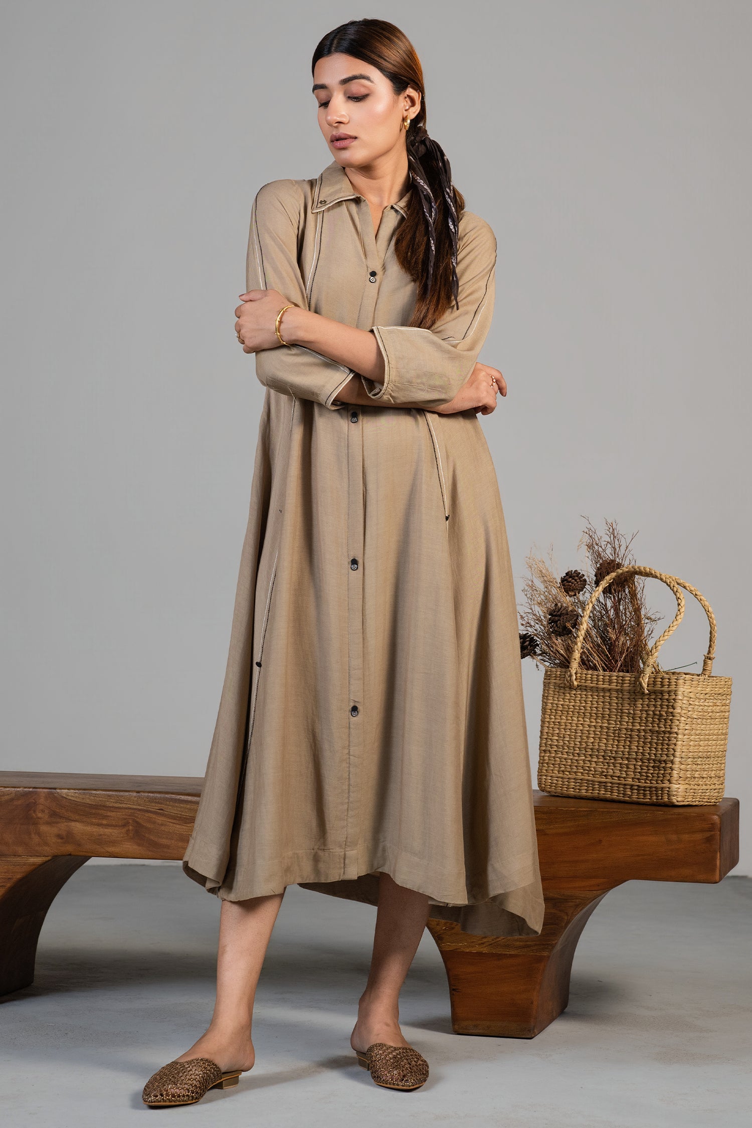 Tailoring and fine stitching details of the Beige Cotton Silk Dress