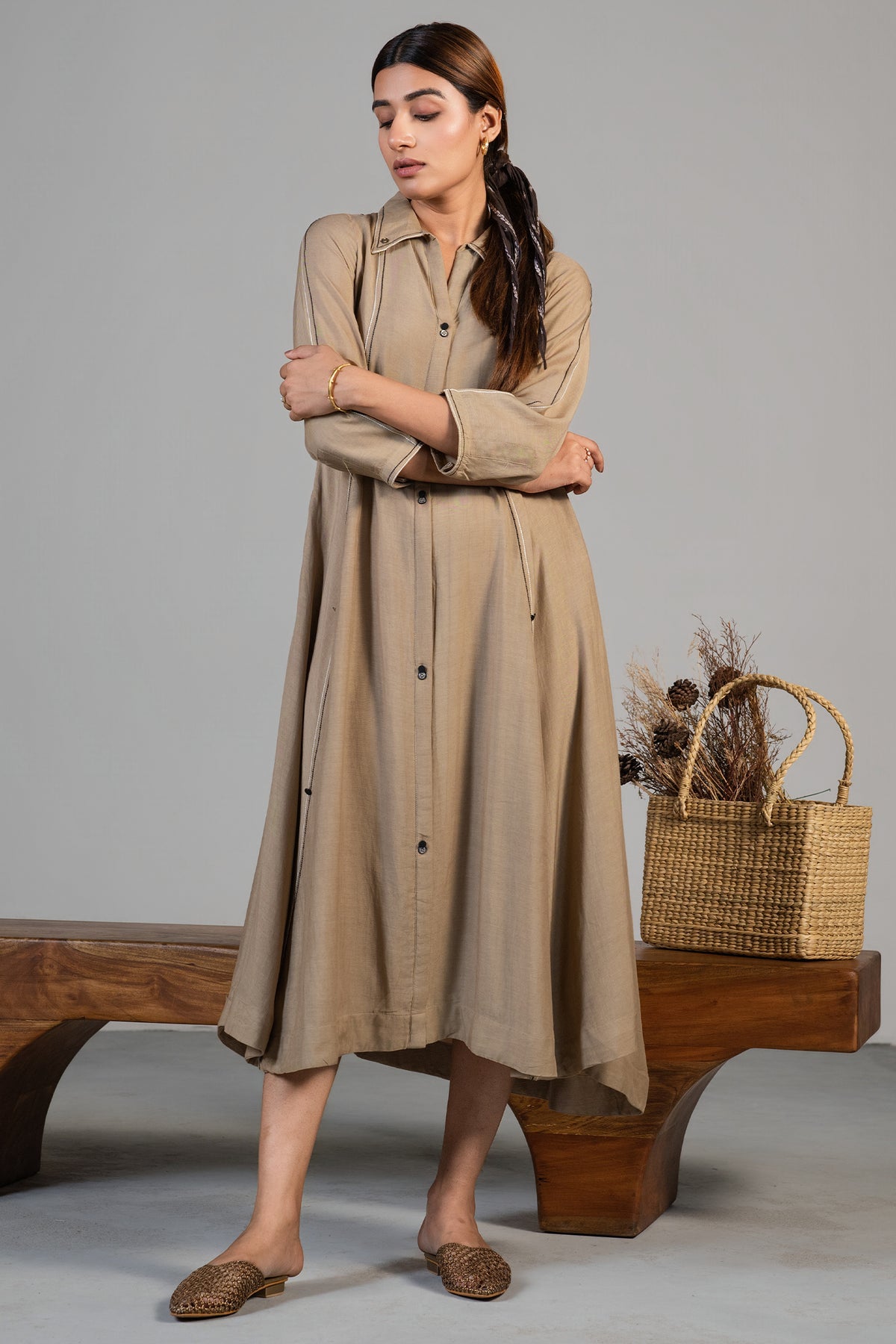 Tailoring and fine stitching details of the Beige Cotton Silk Dress