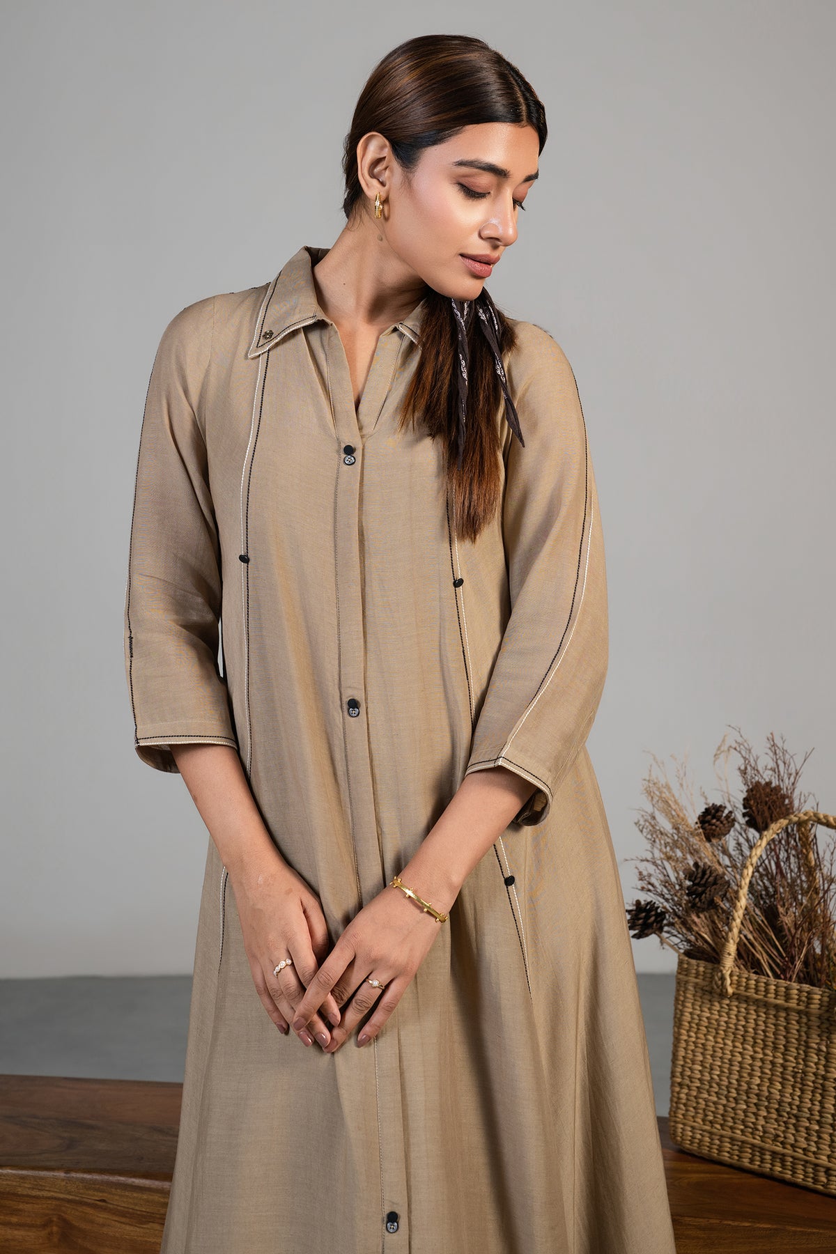 Beige Cotton Silk Dress - beige silk saree