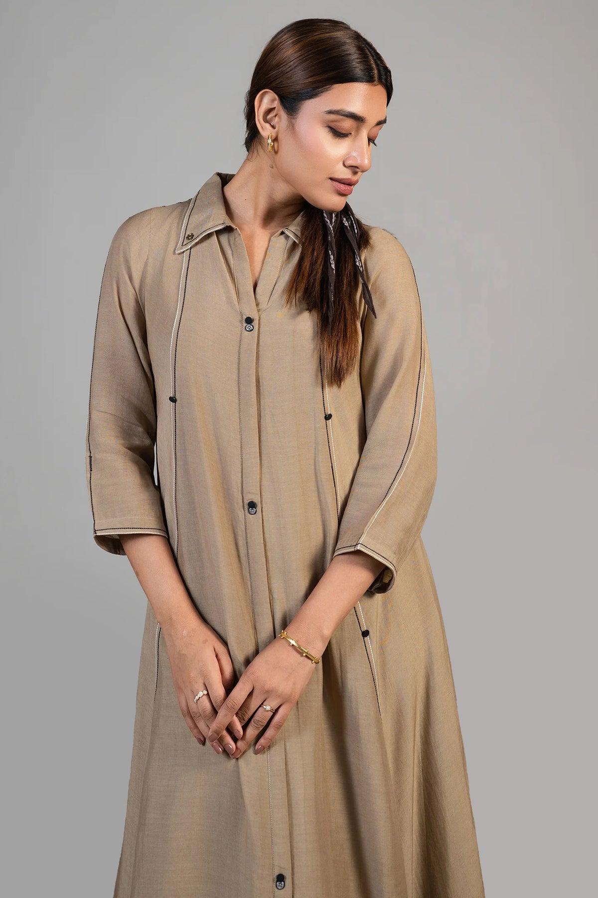 Close up of the premium cotton silk fabric blend on Beige Cotton Silk Dress