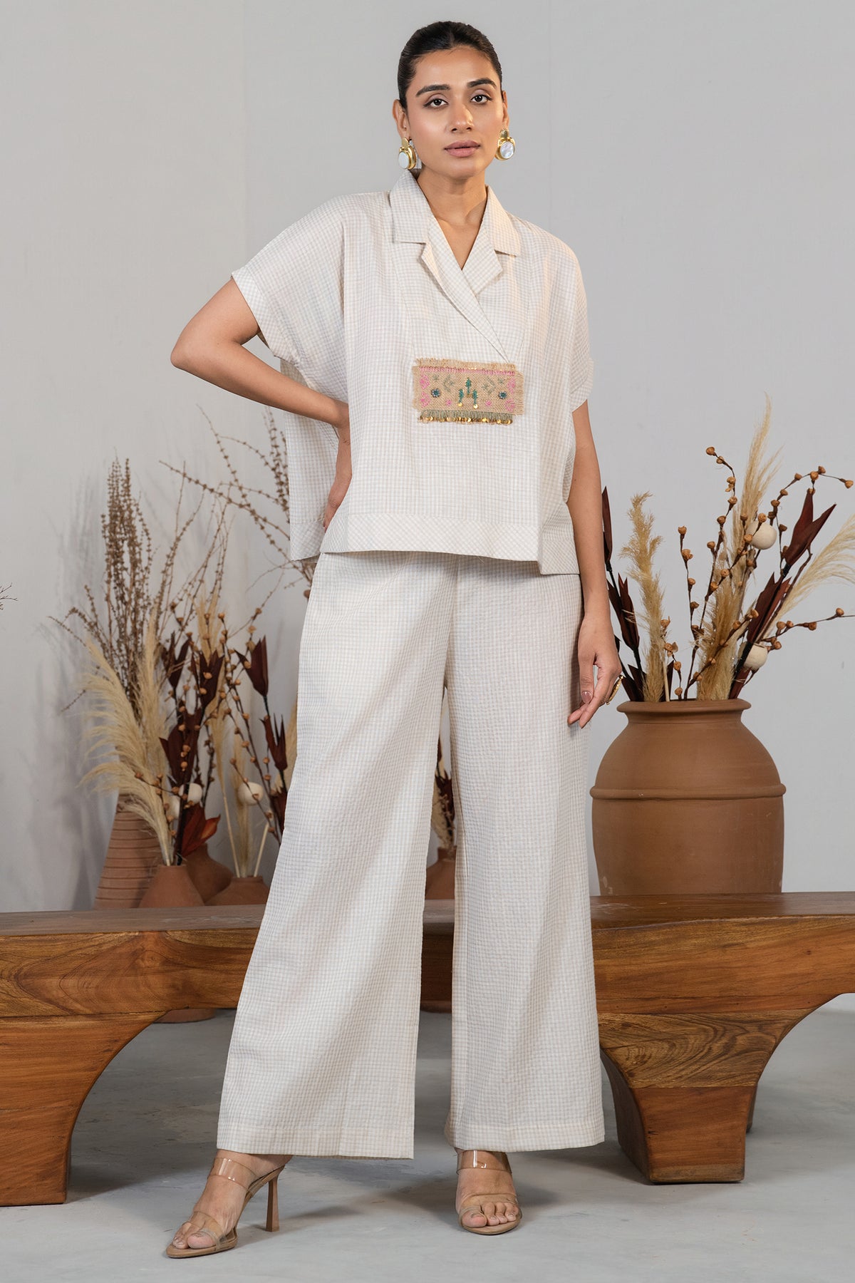 Chic Ivory White Jute Lapel Collar Clyde Co-Ord Set for women smart-casual wear
