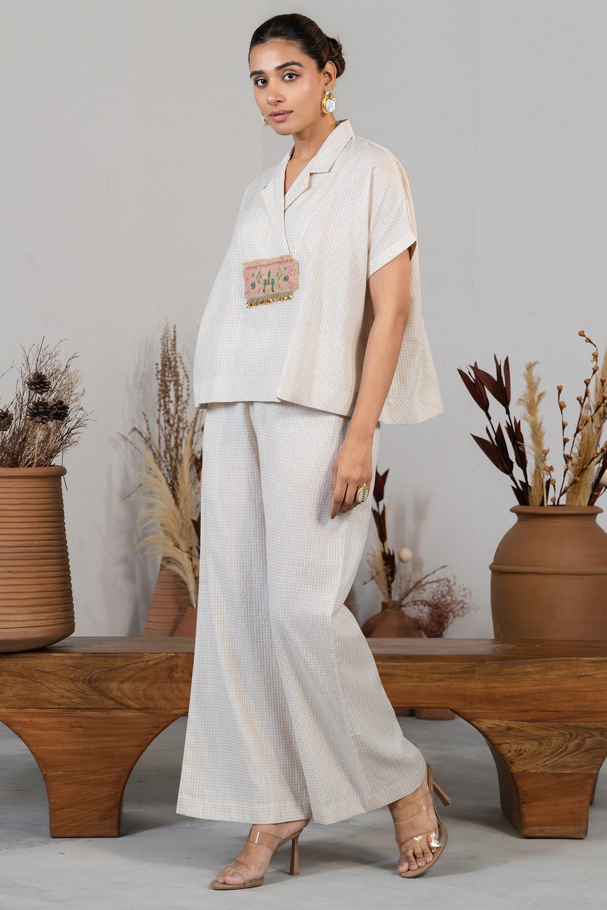 Lapel collar details and tailoring of Ivory White Jute Clyde Co-Ord Set