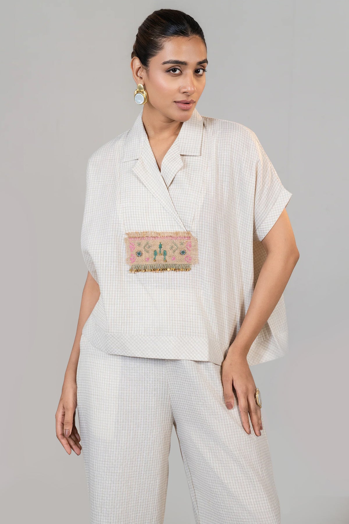 Close up of the premium jute fabric texture on Ivory White Jute Clyde Co-Ord Set