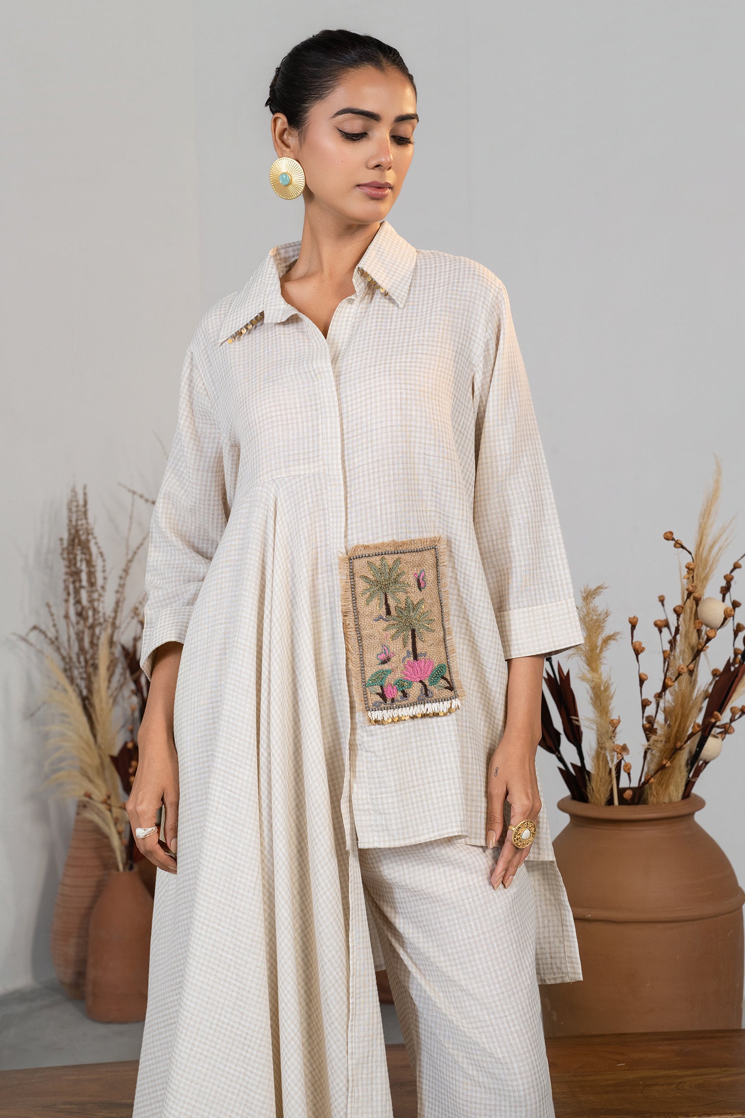 Elegant Ivory White Jute Lapel Collar Clyde Asymmetric Co-Ord Set for women smart-casual wear