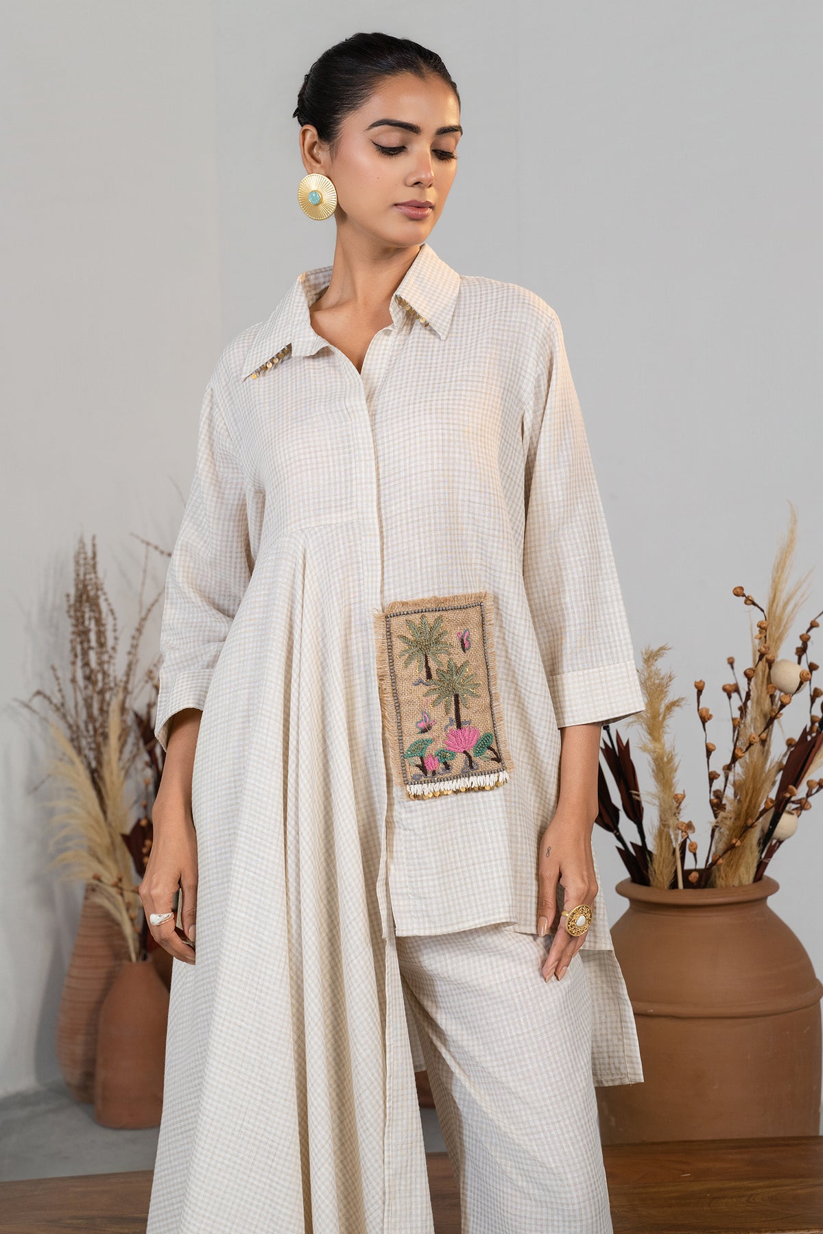 Elegant Ivory White Jute Lapel Collar Clyde Asymmetric Co-Ord Set for women smart-casual wear