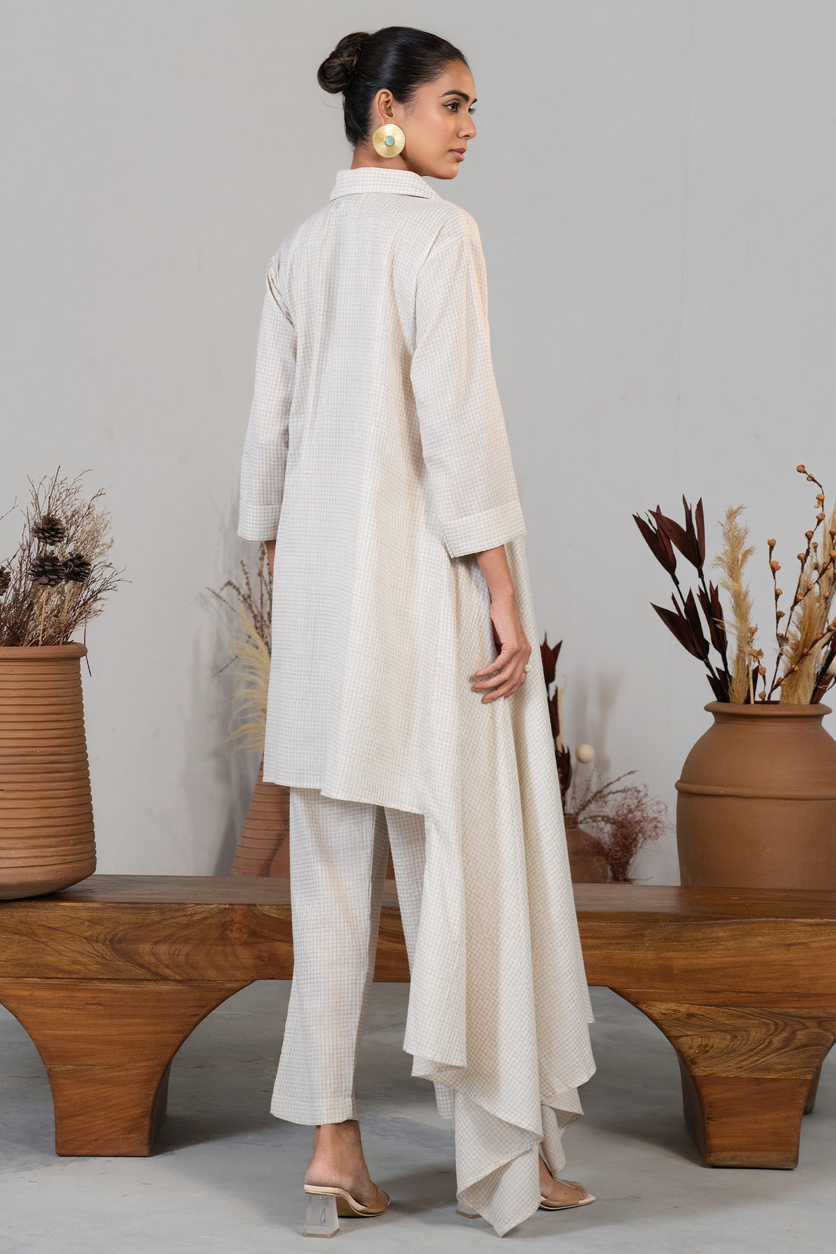 Ivory White Jute Lapel Collar Clyde Asymmetric Co-Ord Set - white jute saree