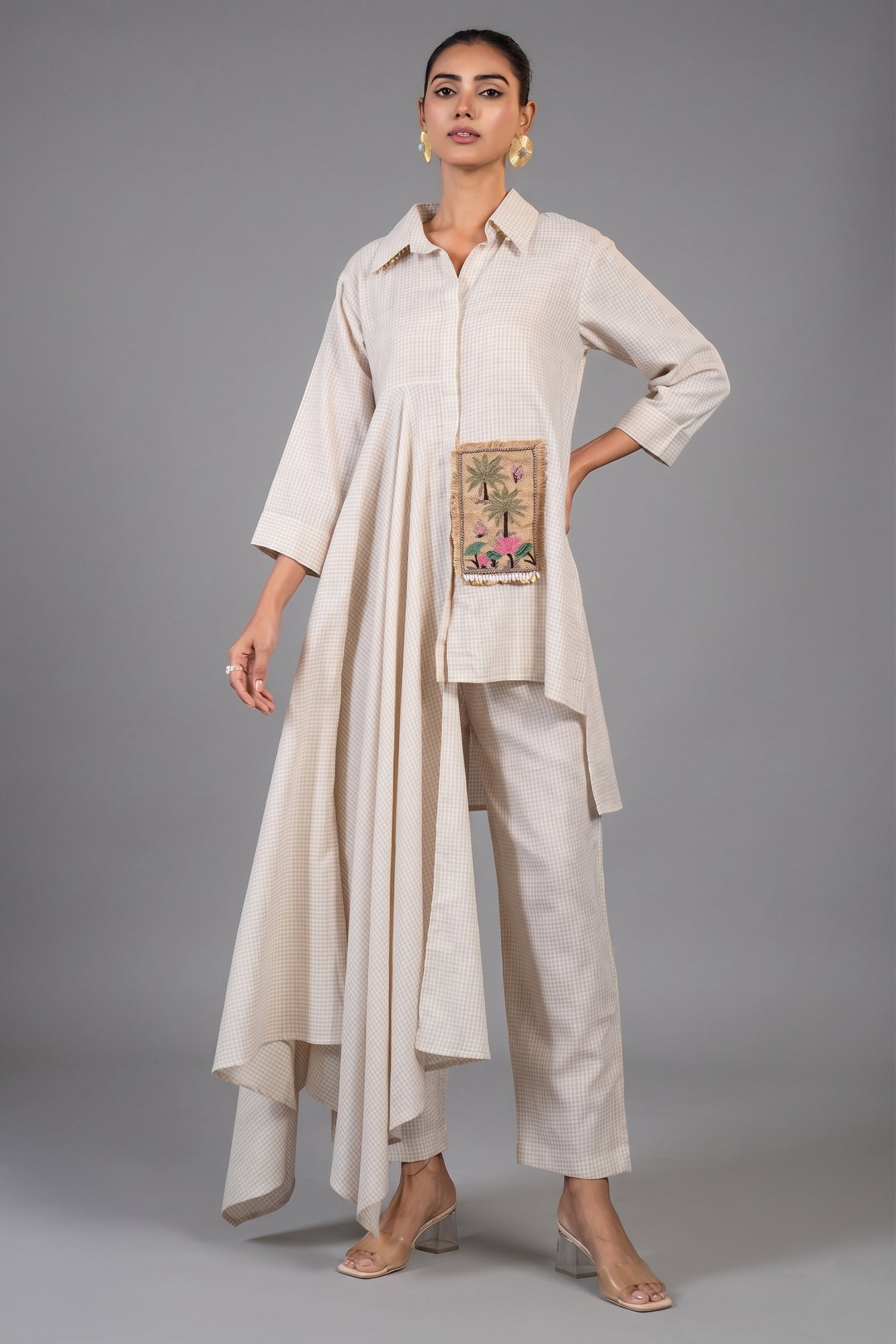 Ivory White Jute Lapel Collar Clyde Asymmetric Co-Ord Set front view chic luxury fashion