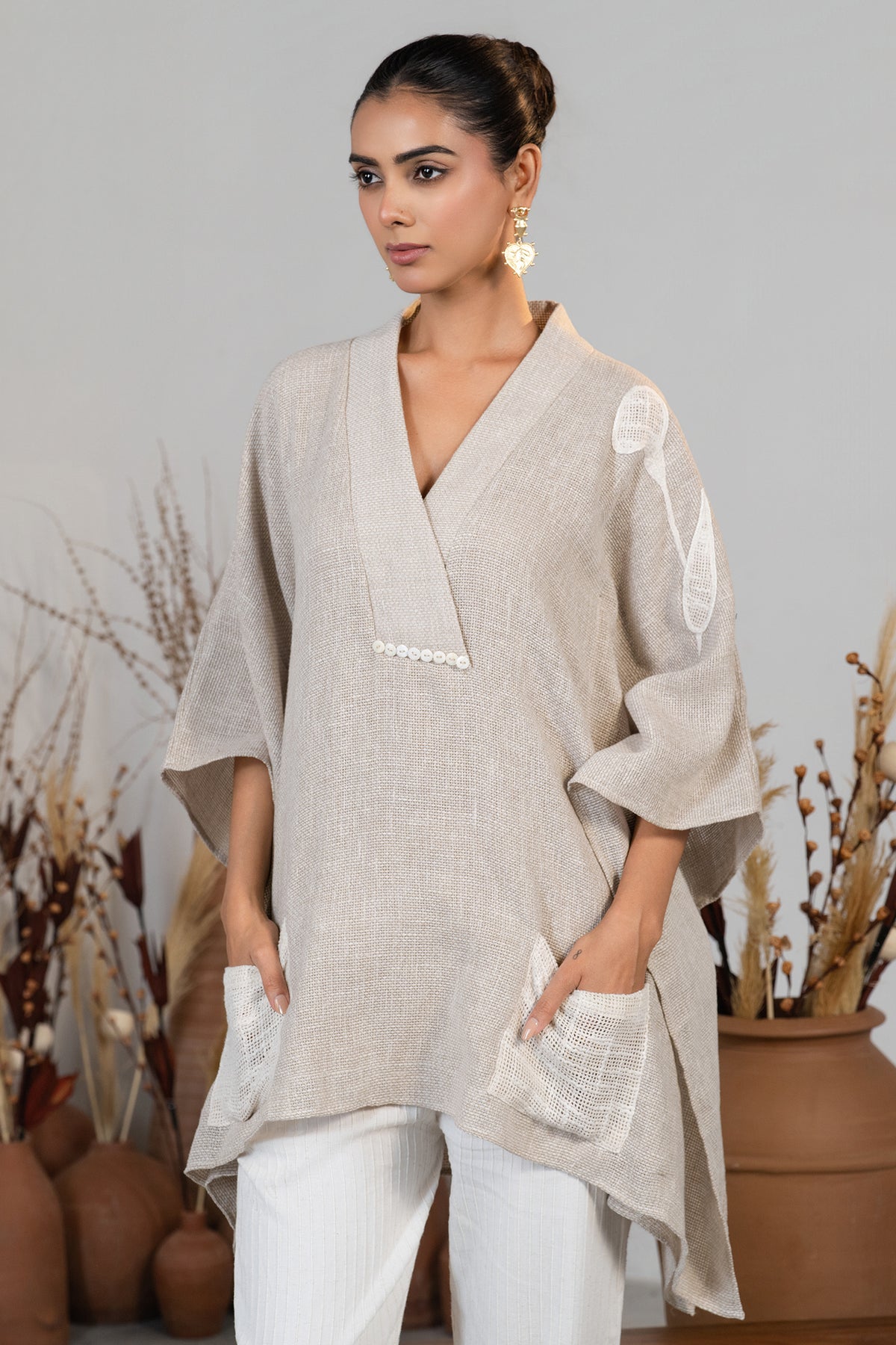 Chic Ivory Jute Embroidered Kaftan Set for women festive wear