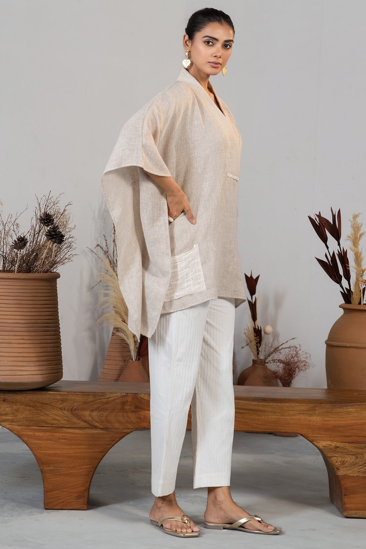 Premium jute fabric texture and details of Ivory Jute Embroidered Kaftan Set