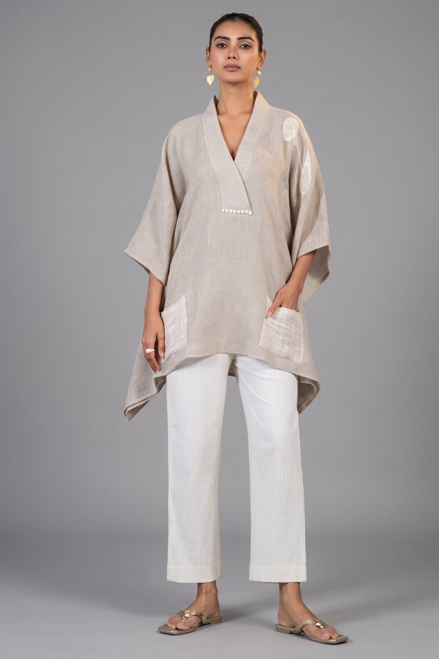 Ivory Jute Embroidered Kaftan Set front view luxury comfort fashion