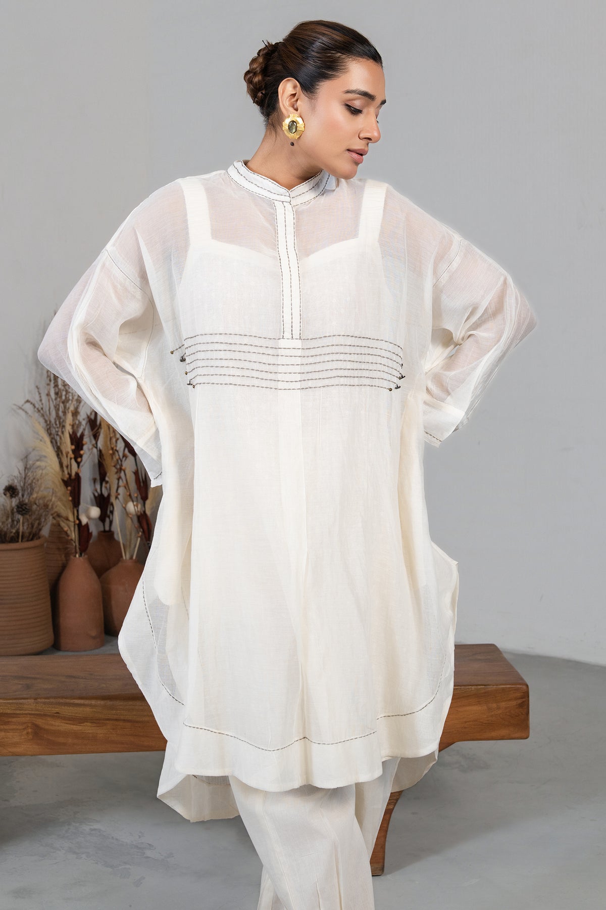 Ivory White Organza High and Low Co-Ord Set highlighting the structured crisp organza weave
