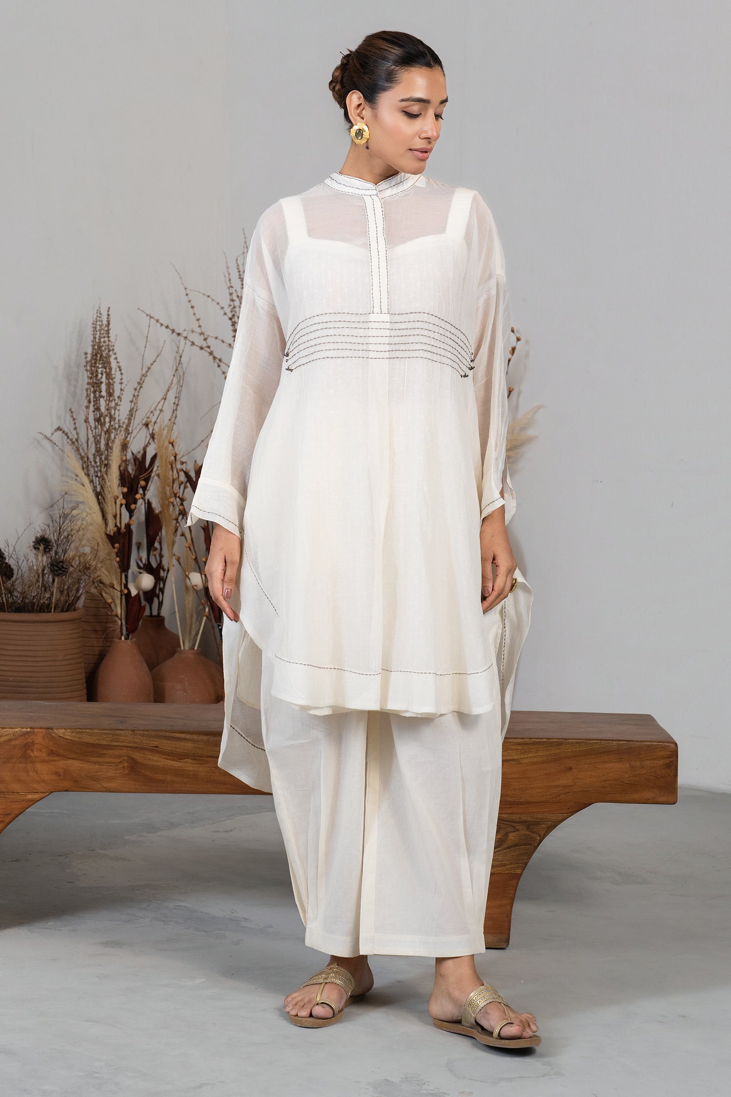 Ivory White Organza High and Low Co-Ord Set full length look for cocktail evenings and parties