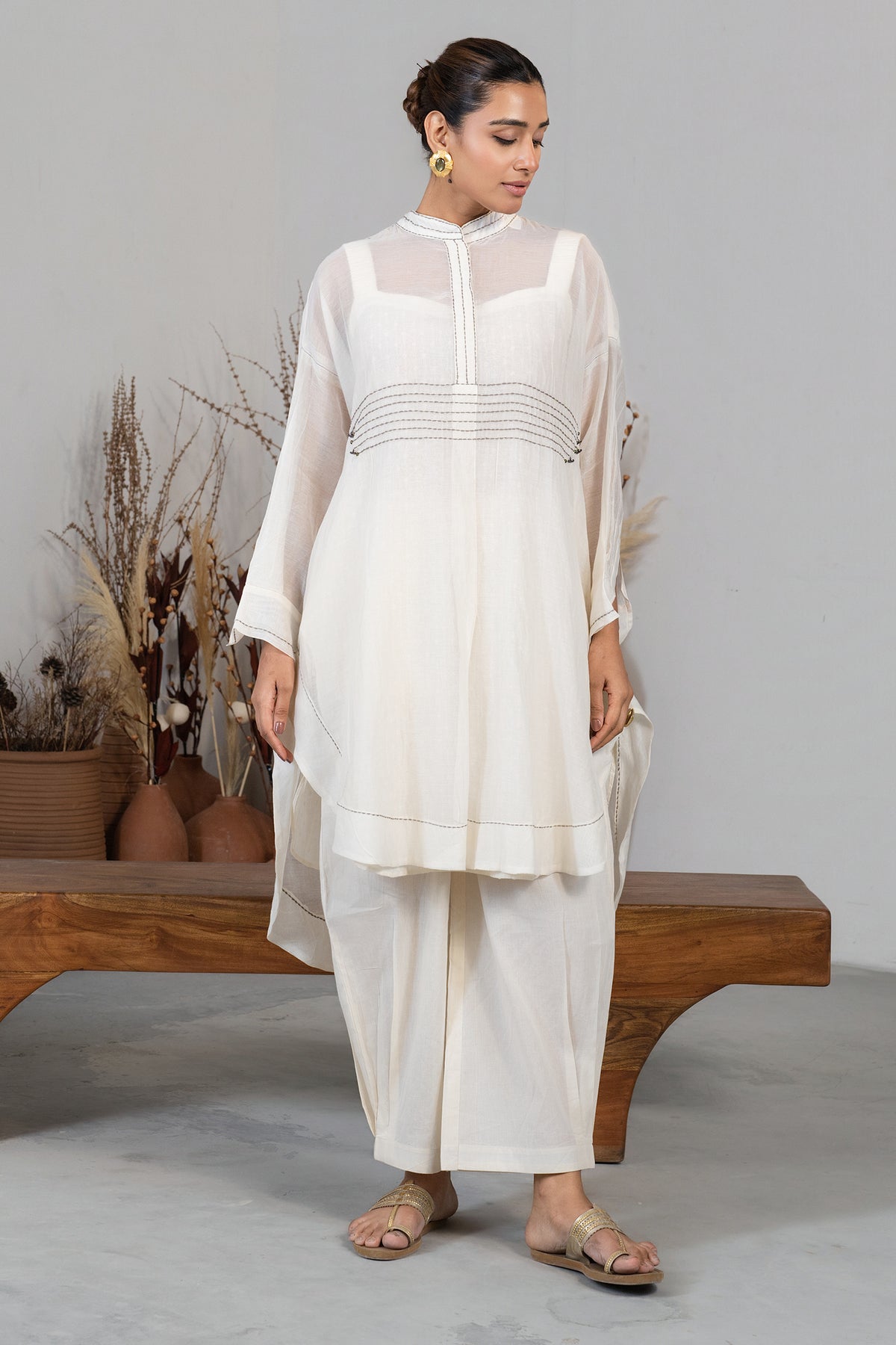 Ivory White Organza High and Low Co-Ord Set full length look for cocktail evenings and parties