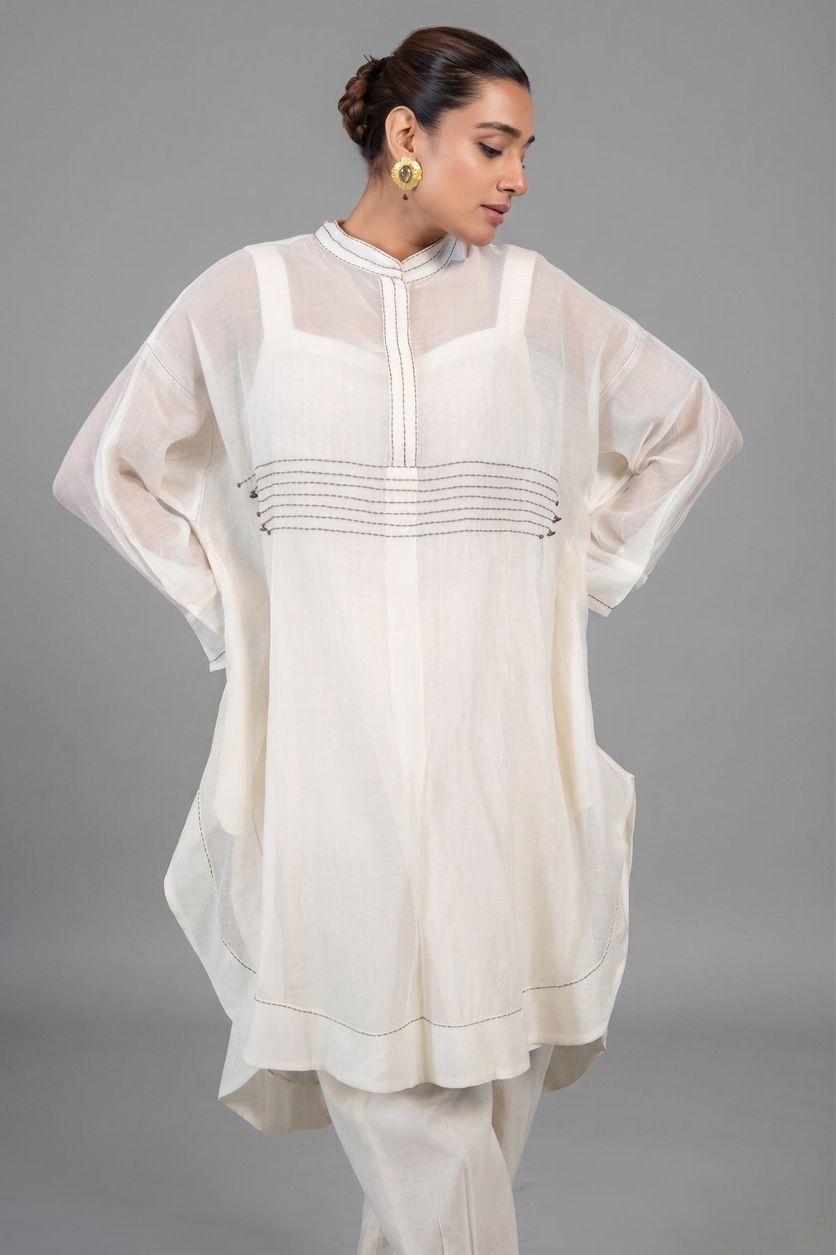 Ivory White Organza High and Low Co-Ord Set close up of premium sheer fabric texture