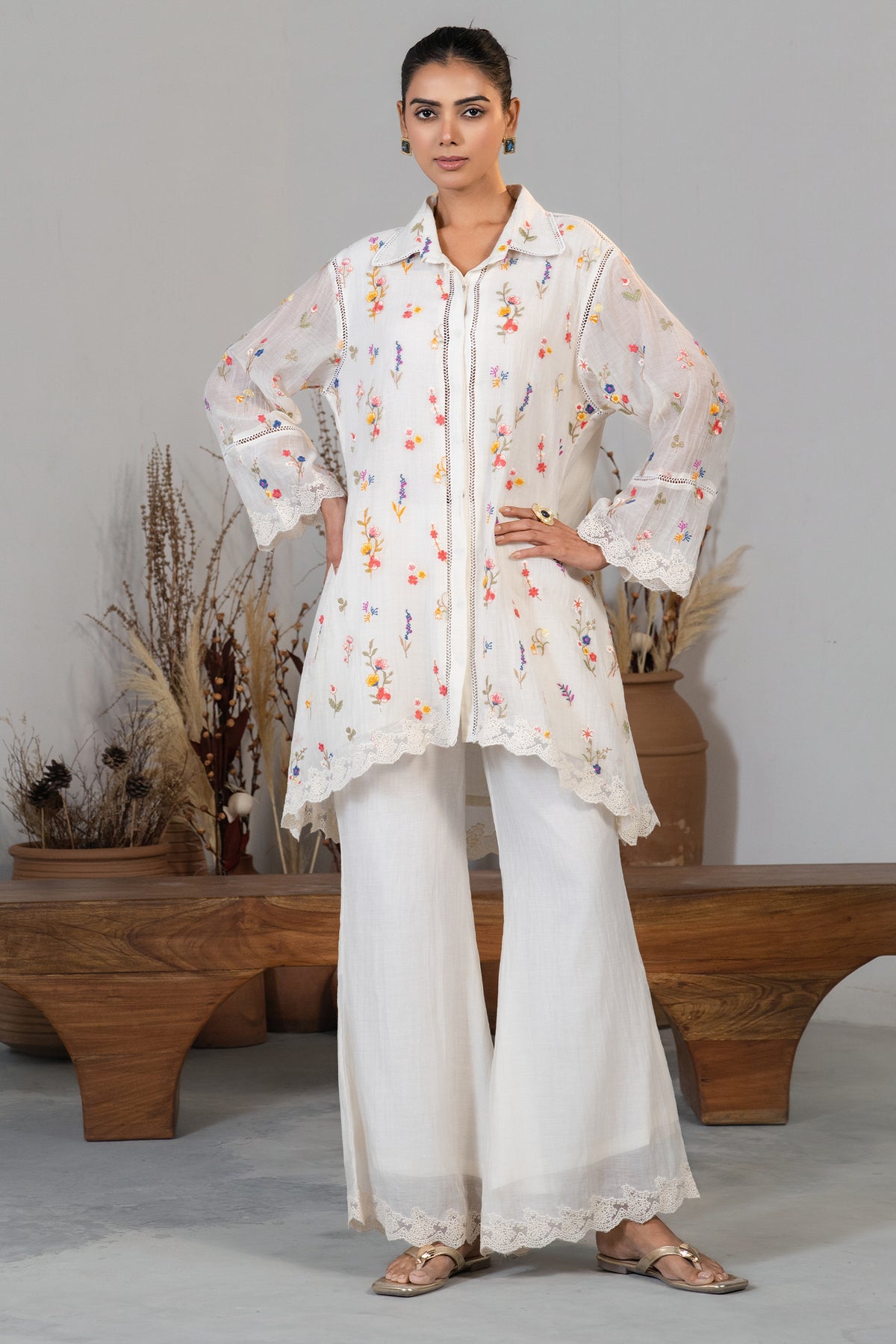 Full length elegant silhouette of contemporary Ivory White Soft Cotton Co-Ord Set