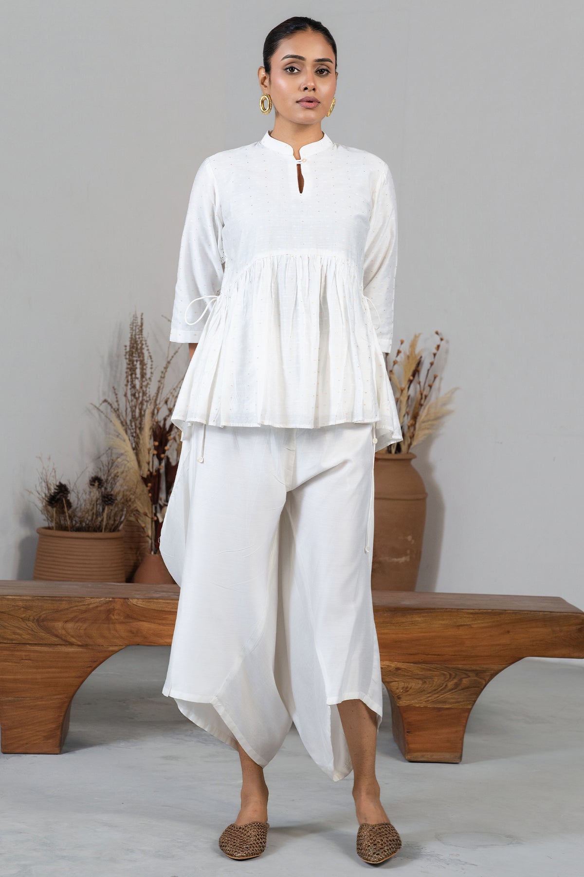 Full length elegant silhouette of contemporary Ivory White Soft Cotton Co-Ord Set