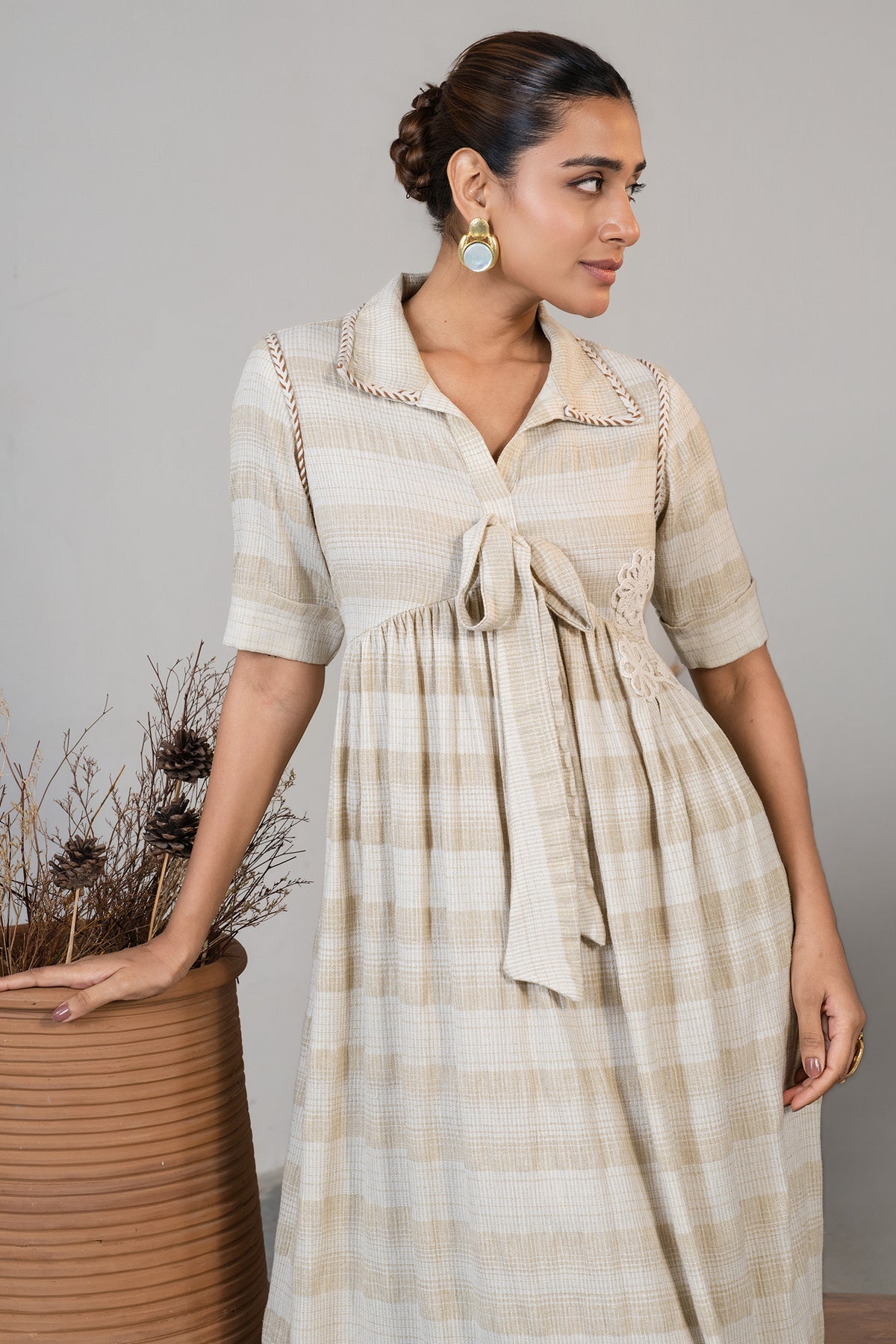 Chic Ivory Jute Embroidered Tie Up Dress for women summer festive wear