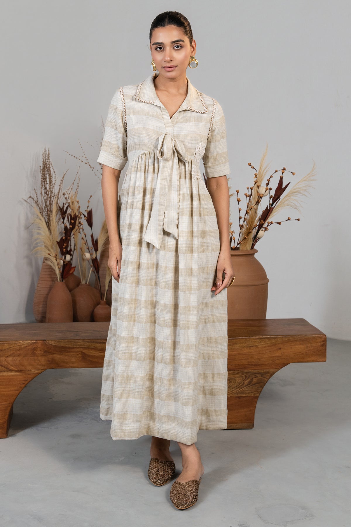 Full length customizable silhouette of the Ivory Jute Embroidered Tie Up Dress