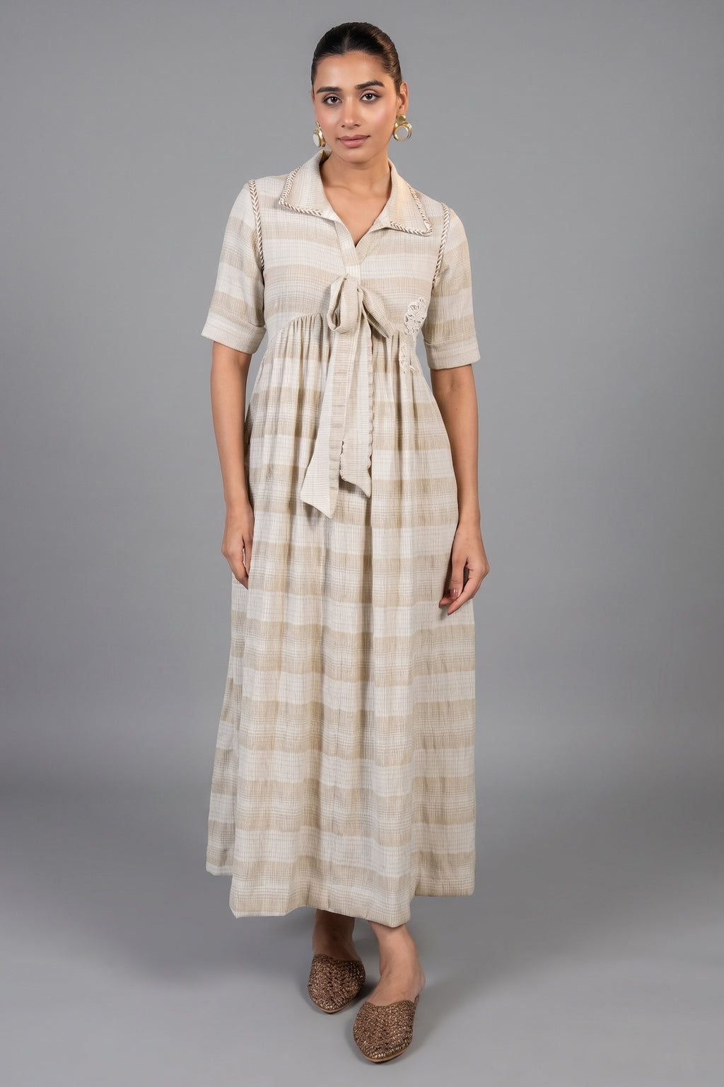 Ivory Jute Embroidered Tie Up Dress front view bohemian luxury fashion