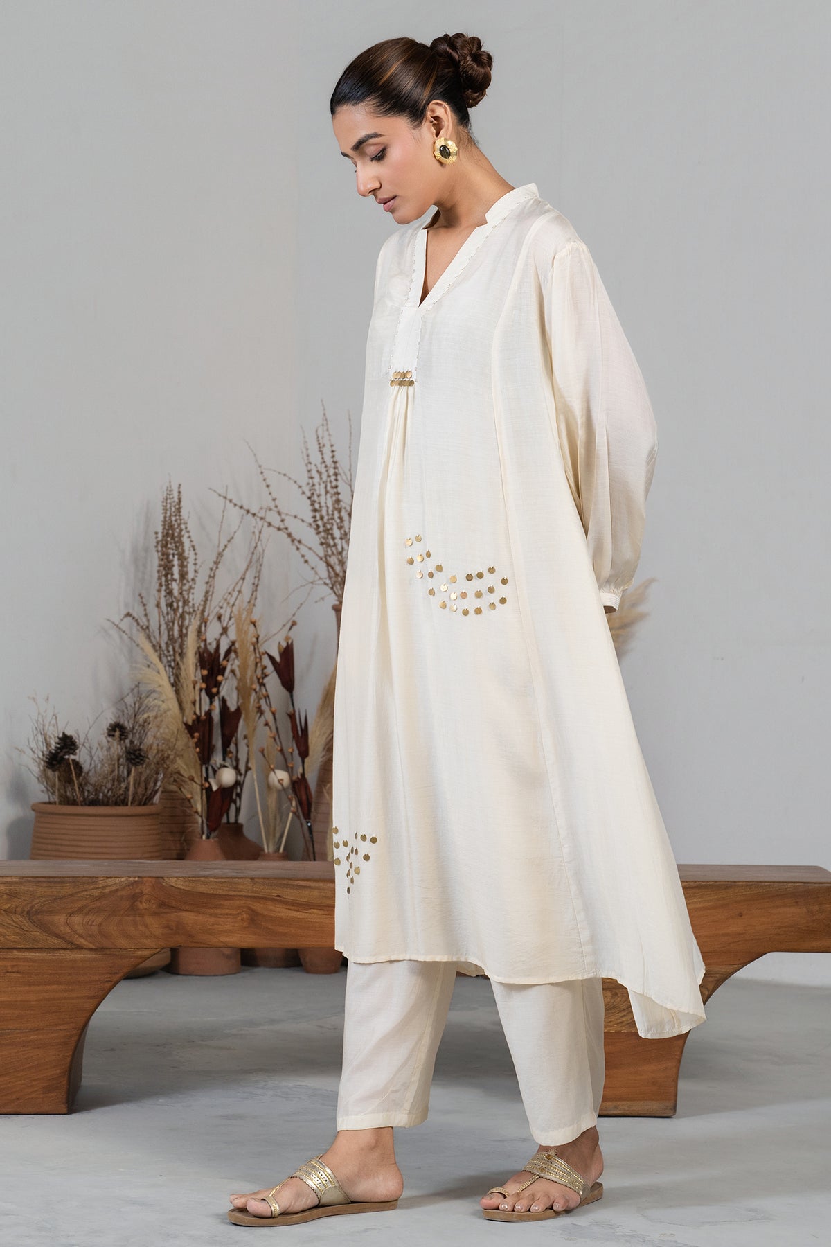 Ivory Cream Muslin Silk Co-Ord Set full length look for high-tea and resort wear