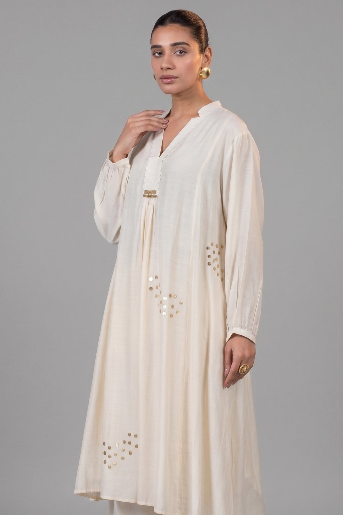Ivory Cream Muslin Silk Co-Ord Set close up of premium fabric texture and sheen
