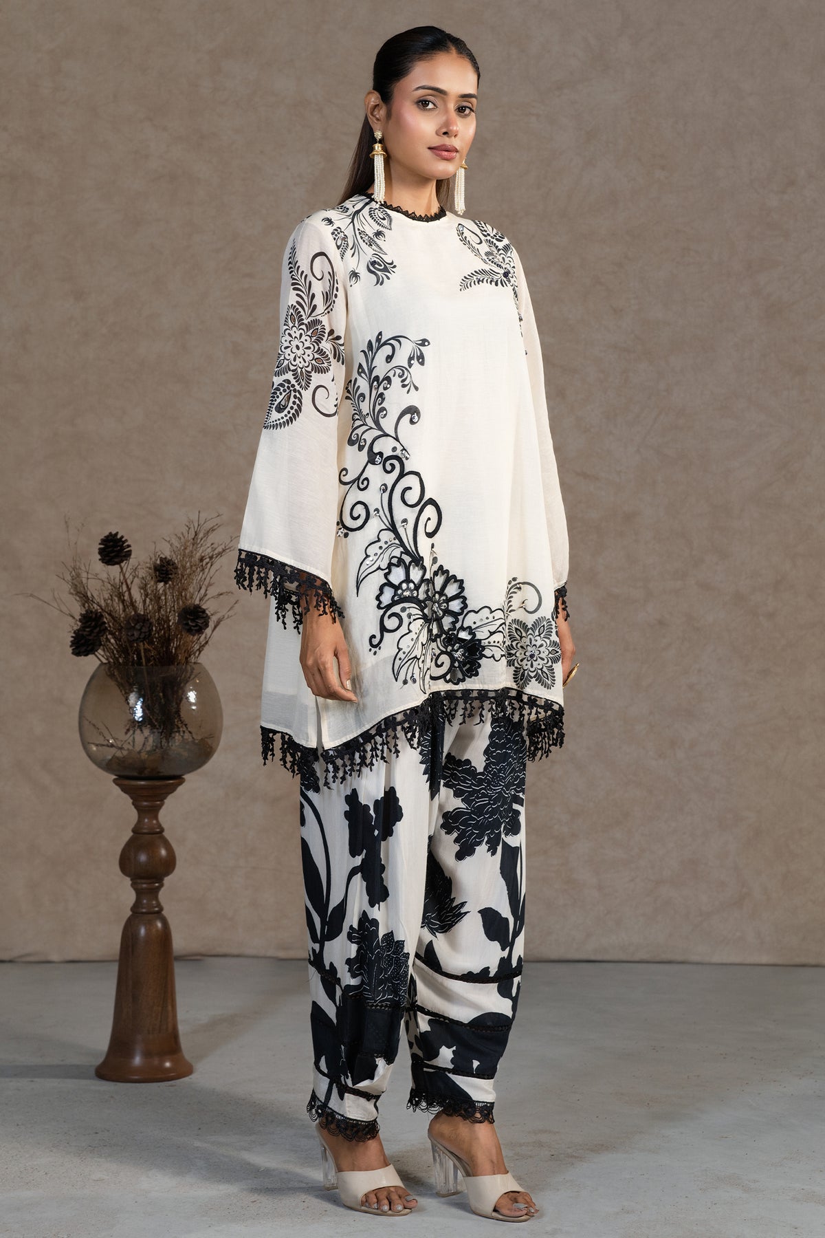 Styling details and premium linen fabric of Ivory Cream Linen Floral Printed Co-Ord Set