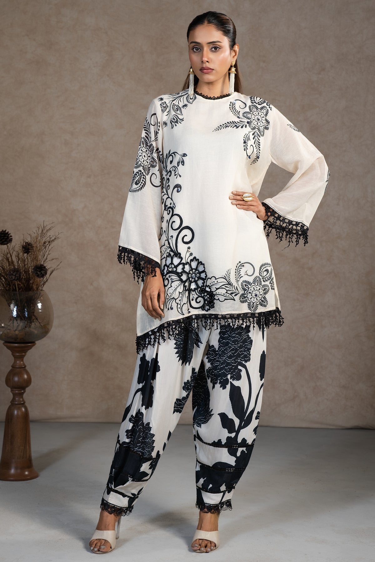 Full length elegant silhouette of contemporary Ivory Cream Linen Floral Printed Co-Ord Set