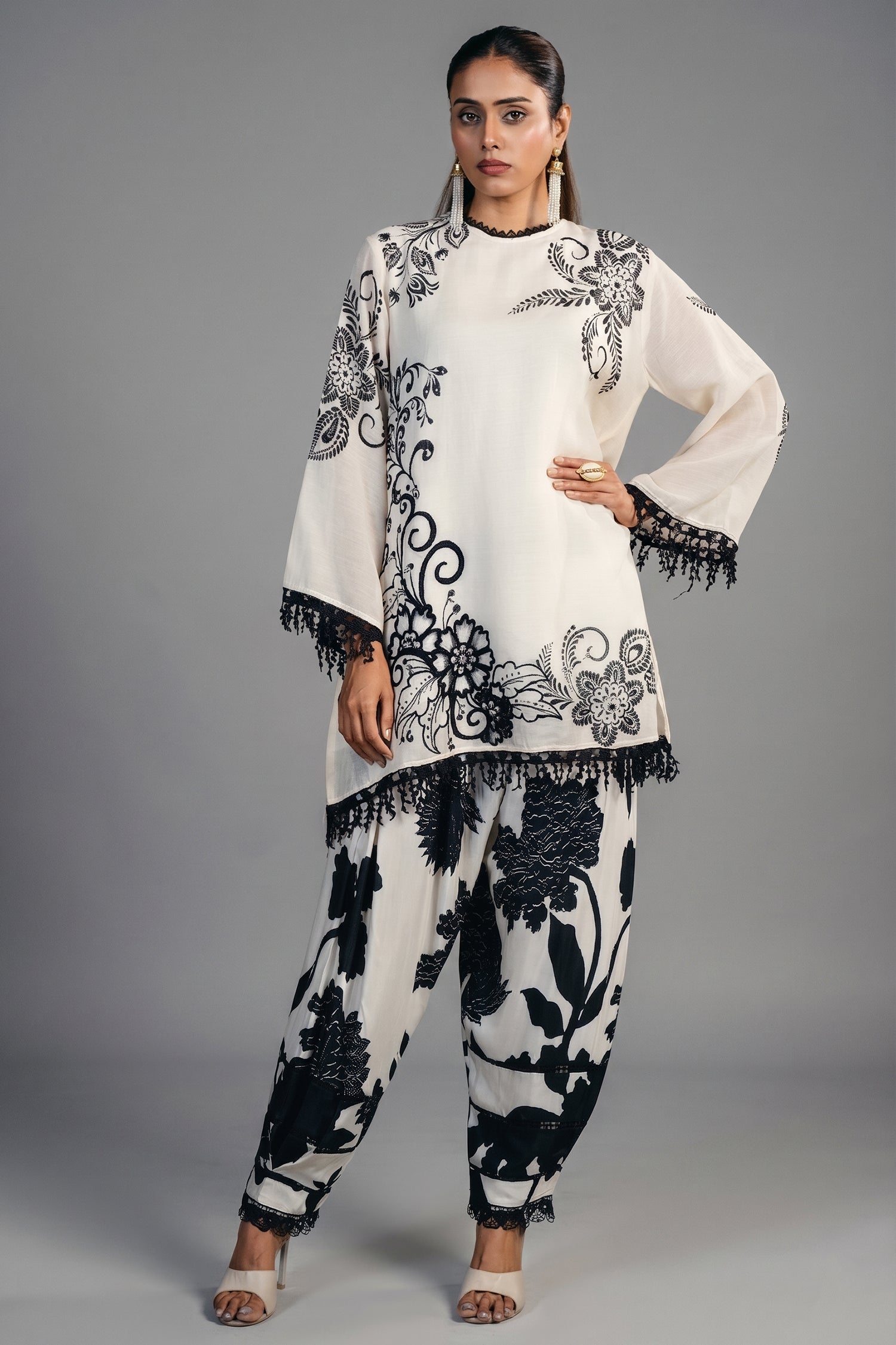 Ivory Cream Linen Floral Printed Co-Ord Set front view smart-casual wear