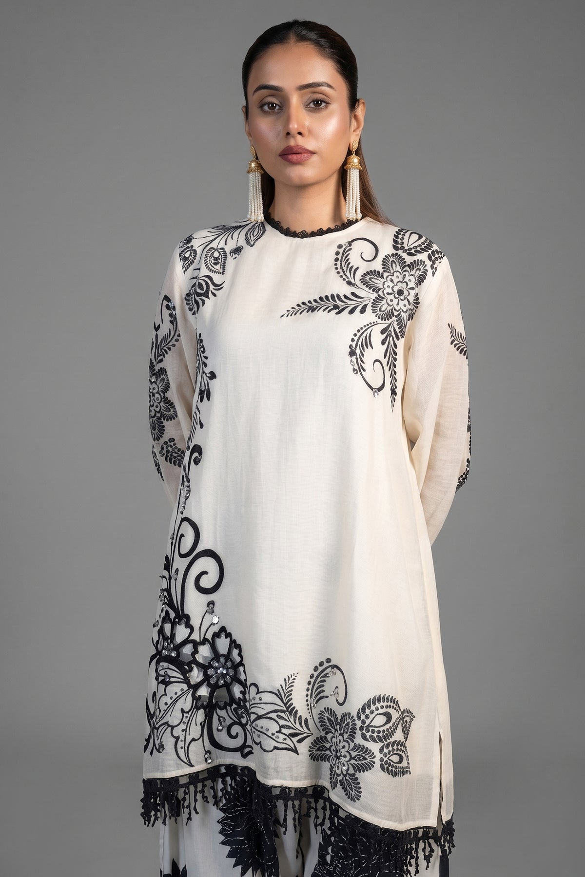 Close up of the delicate botanical motifs on Ivory Cream Linen Floral Printed Co-Ord Set