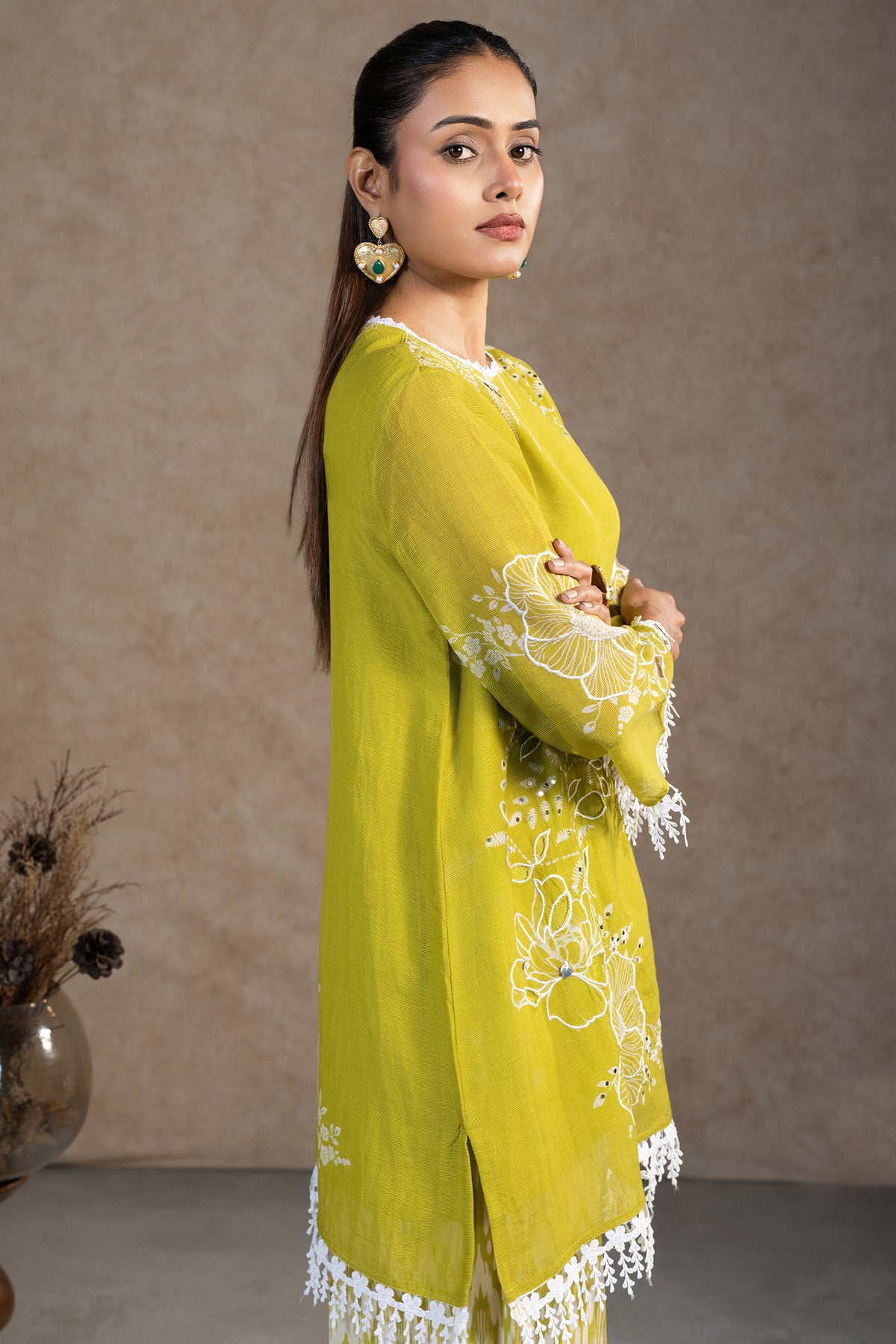 Styling details and premium linen fabric of Olive Green Linen Floral Printed Co-Ord Set