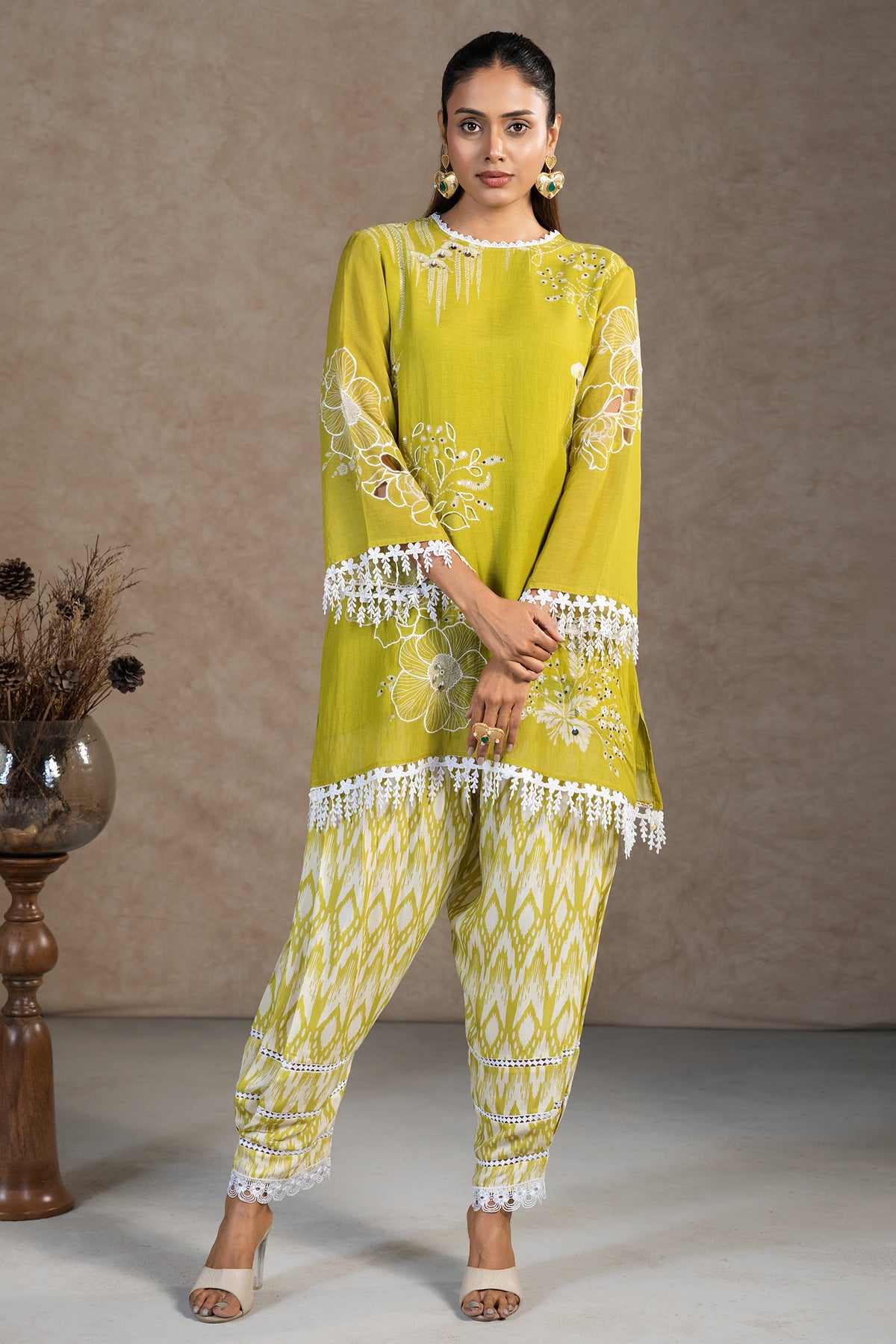 Full length silhouette of contemporary Olive Green Linen Floral Printed Co-Ord Set