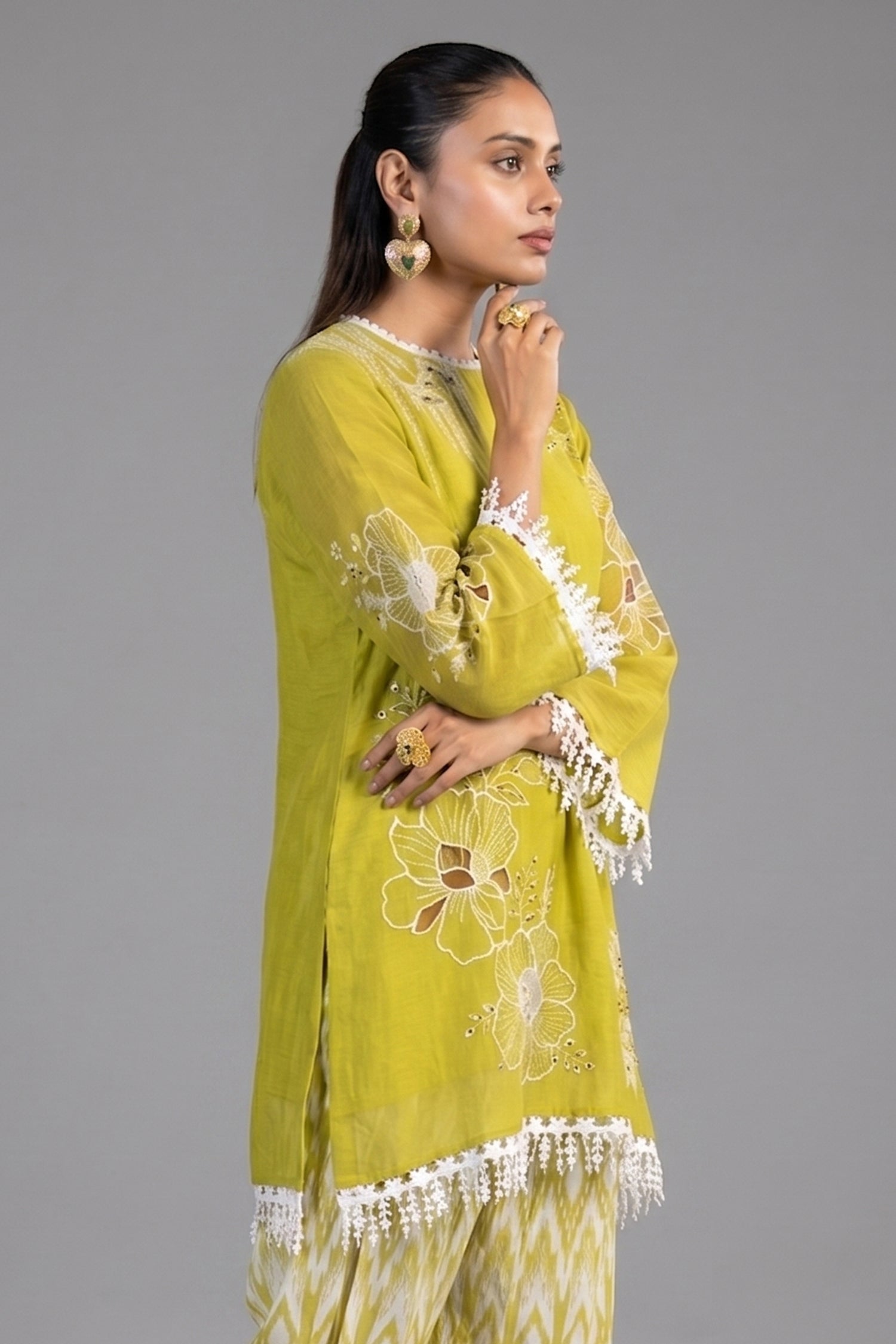 Close up of the intricate botanical motif on Olive Green Linen Floral Printed Co-Ord Set