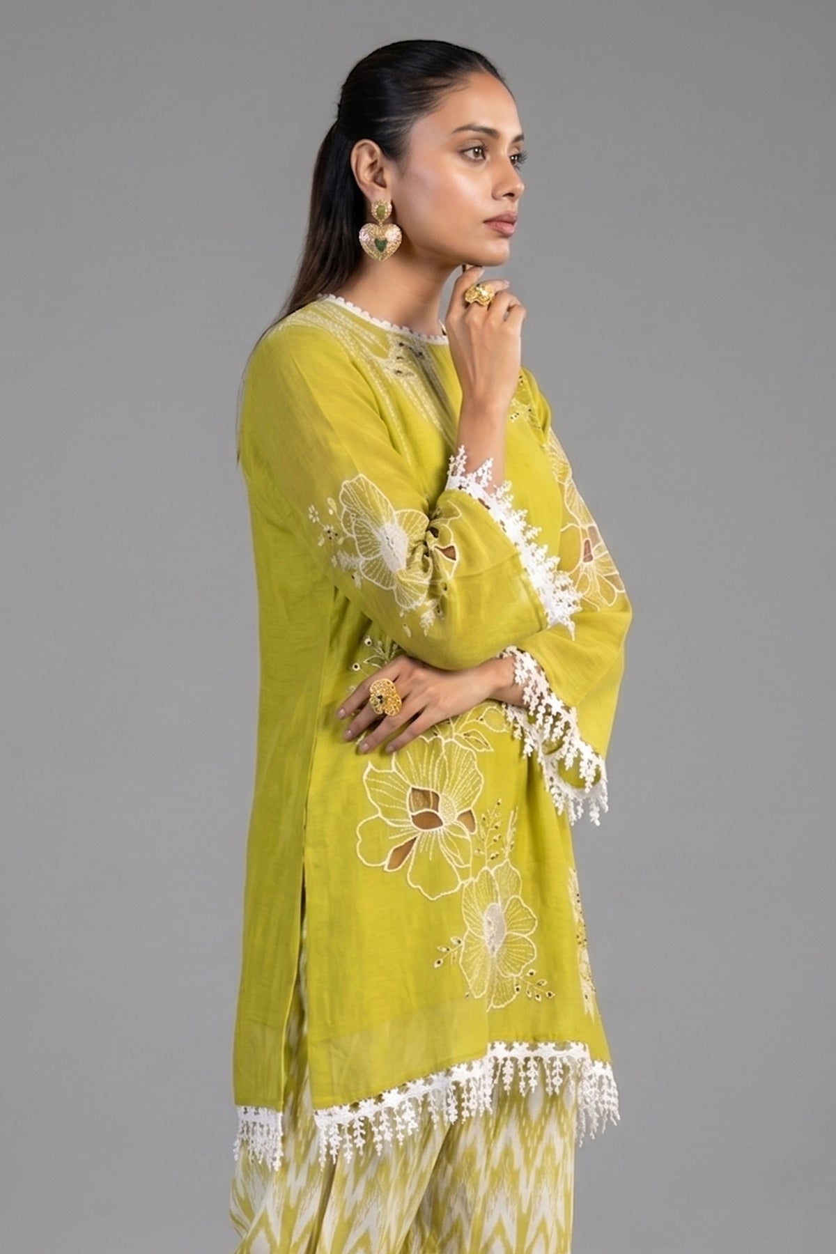 Close up of the intricate botanical motif on Olive Green Linen Floral Printed Co-Ord Set
