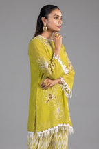 Close up of the intricate botanical motif on Olive Green Linen Floral Printed Co-Ord Set
