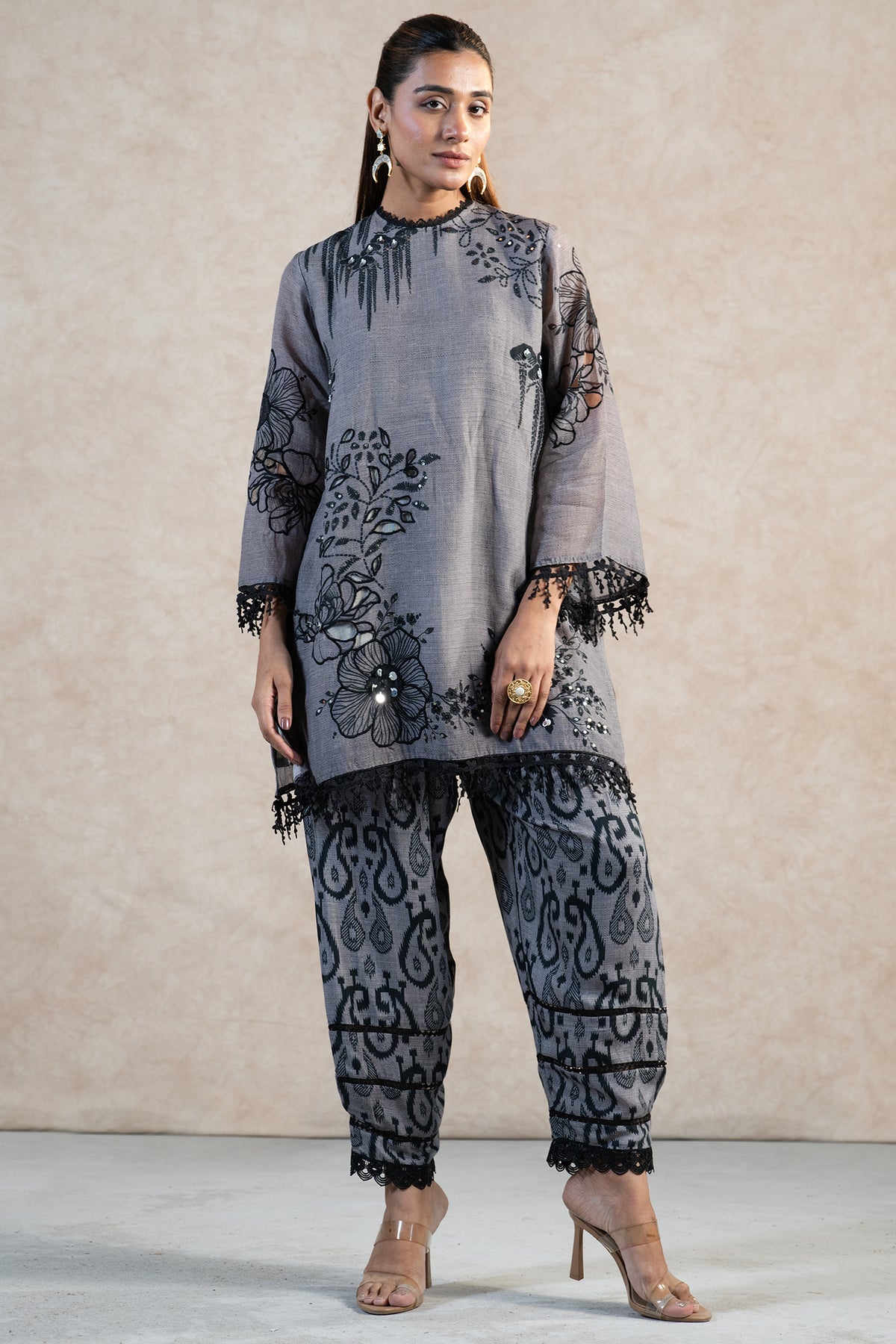 Full length silhouette of contemporary Grey Linen Floral Printed Co-Ord Set