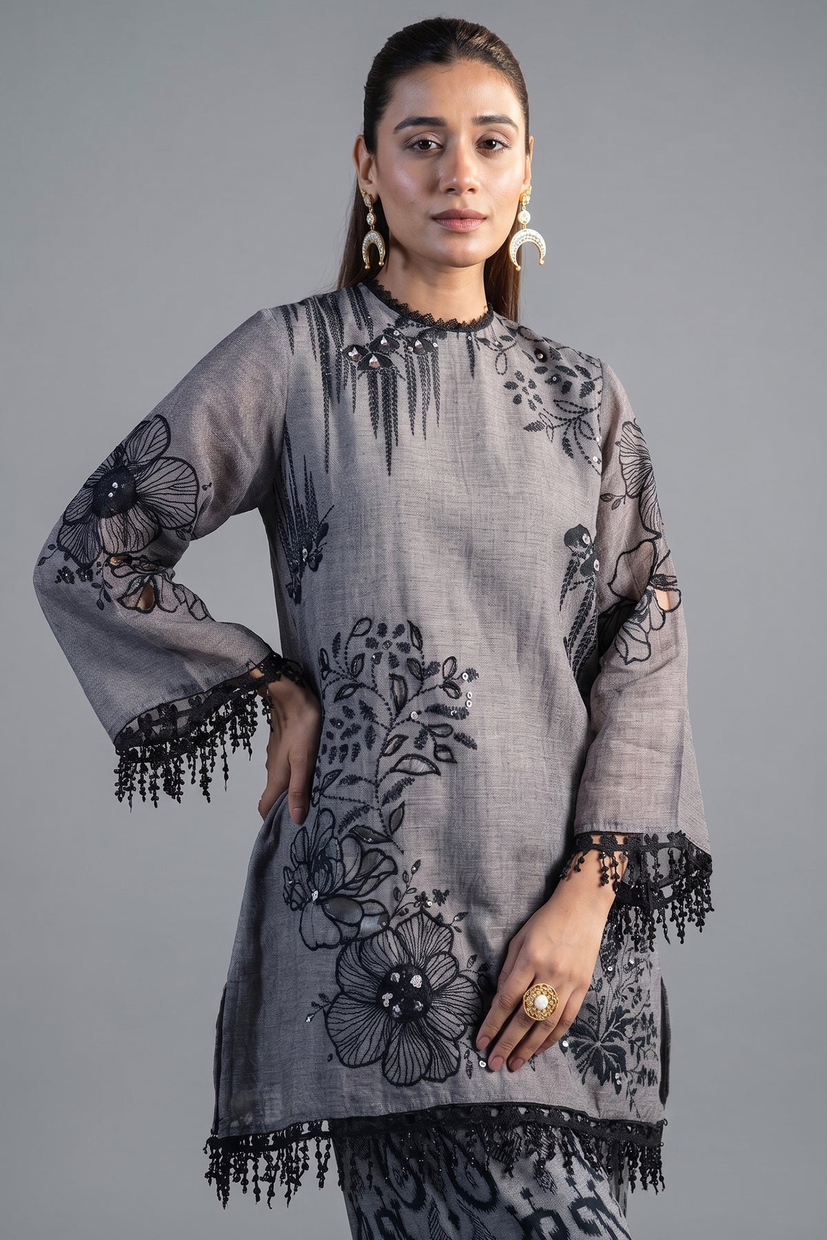 Close up of premium breathable fabric on Grey Linen Floral Printed Co-Ord Set